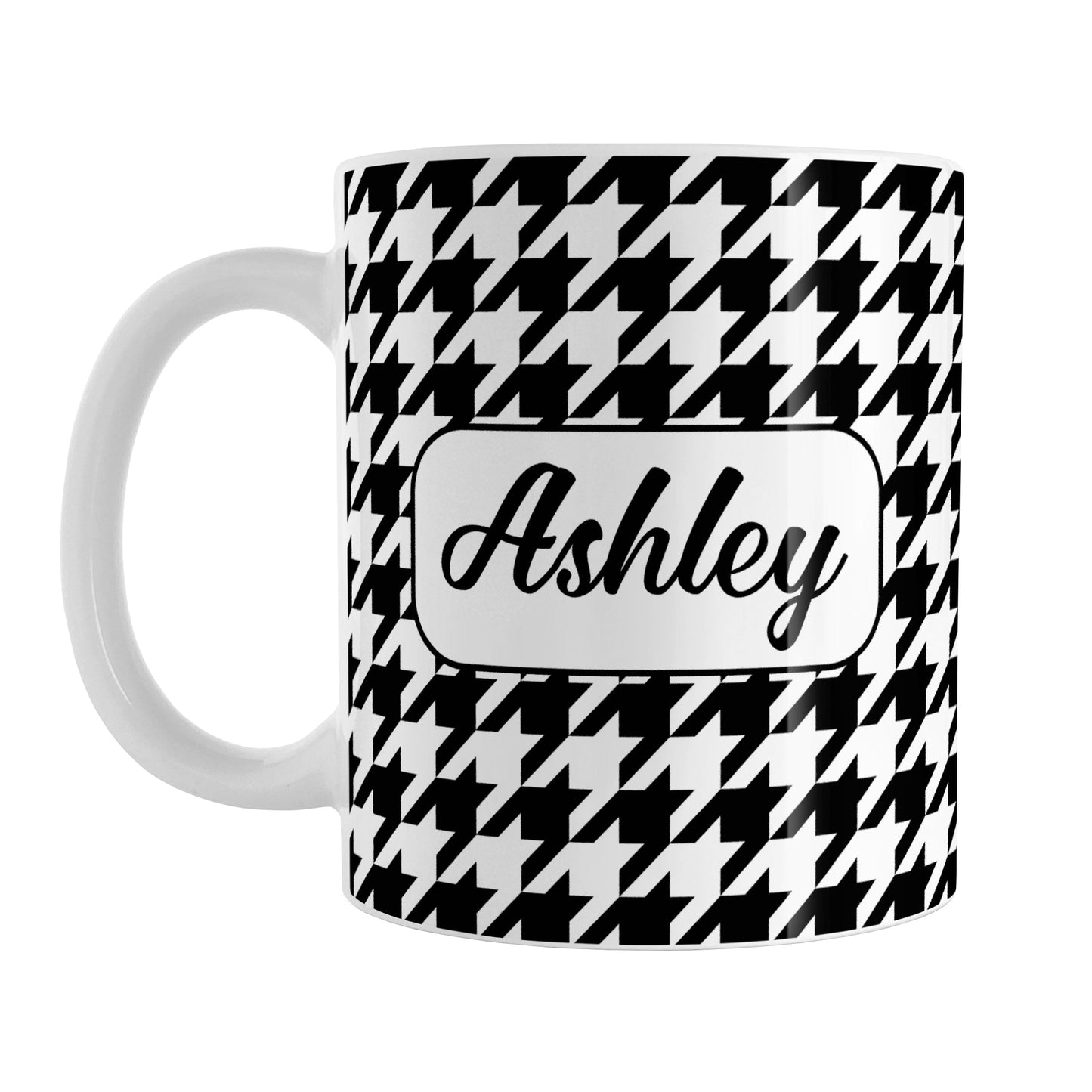 Personalized Black and White Houndstooth Mug (11oz) at Amy's Coffee Mugs. A ceramic coffee mug designed with a black and white houndstooth pattern that wraps around the mug to the handle. Your name is printed in a pretty black script font in a white frame design on both sides of the mug over the houndstooth pattern.