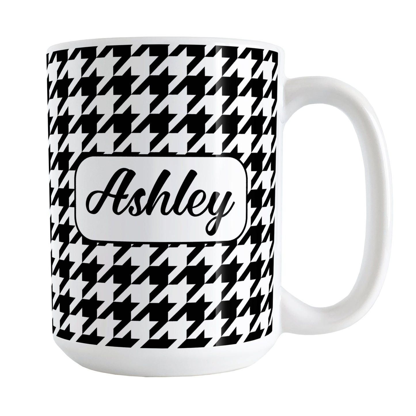 Personalized Black and White Houndstooth Mug (15oz) at Amy's Coffee Mugs. A ceramic coffee mug designed with a black and white houndstooth pattern that wraps around the mug to the handle. Your name is printed in a pretty black script font in a white frame design on both sides of the mug over the houndstooth pattern.