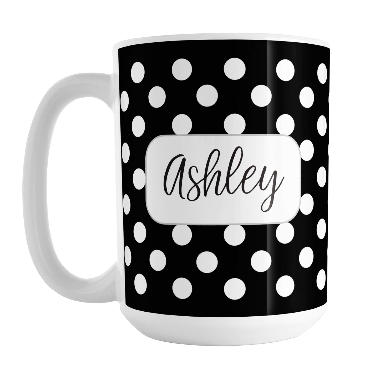 Personalized Black Polka Dot Mug (15oz) at Amy's Coffee Mugs. A ceramic coffee mug designed with a pattern of white polka dots over a black background color that wraps around the mug up to the handle. Your name is personalized in a cute black script font in a white frame design on both sides of the mug over the polka dot pattern.