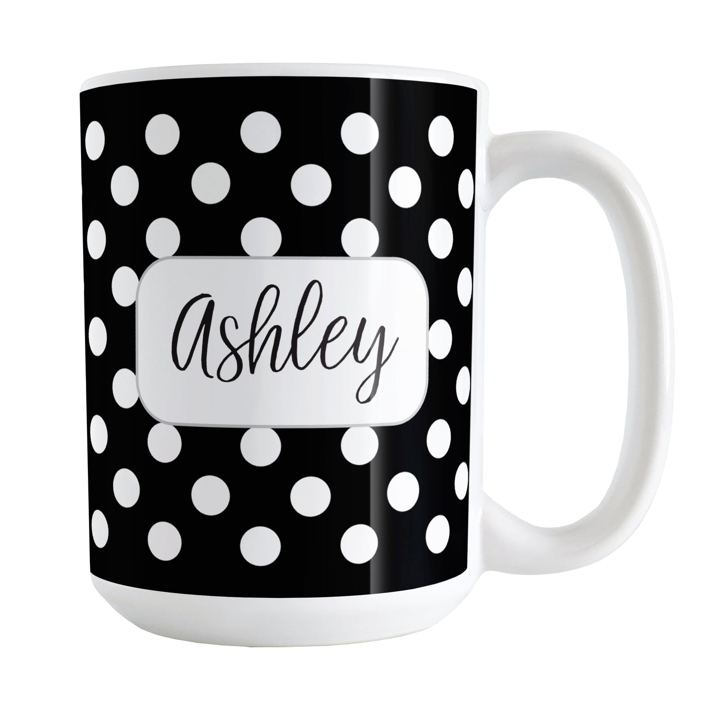 Personalized Black Polka Dot Mug (15oz) at Amy's Coffee Mugs. A ceramic coffee mug designed with a pattern of white polka dots over a black background color that wraps around the mug up to the handle. Your name is personalized in a cute black script font in a white frame design on both sides of the mug over the polka dot pattern.