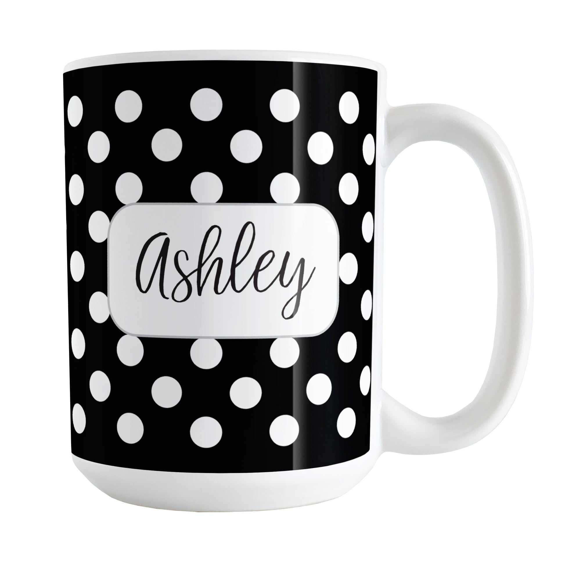 Personalized Black Polka Dot Mug (15oz) at Amy's Coffee Mugs. A ceramic coffee mug designed with a pattern of white polka dots over a black background color that wraps around the mug up to the handle. Your name is personalized in a cute black script font in a white frame design on both sides of the mug over the polka dot pattern.