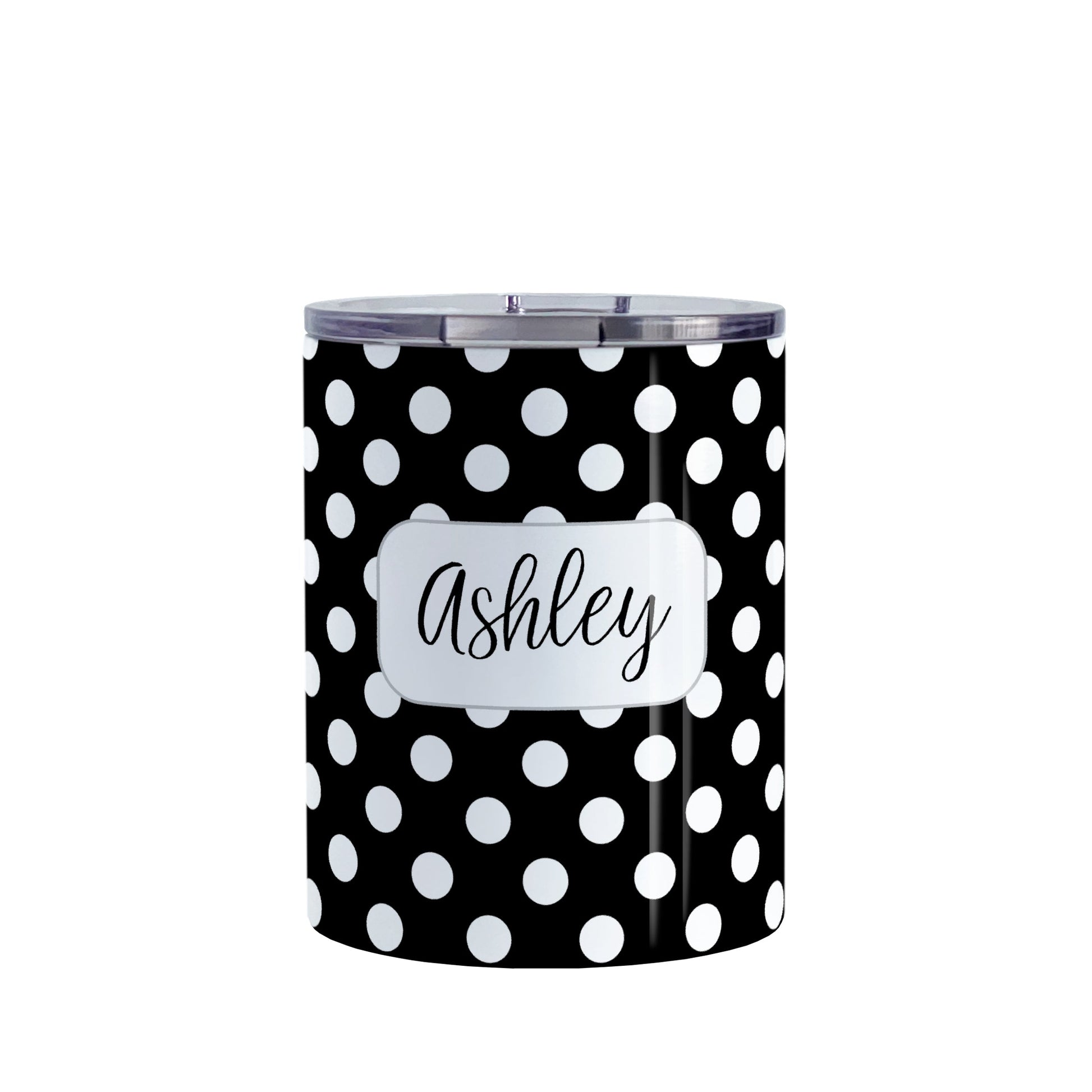 Personalized Black Polka Dot Tumbler Cup (10oz, stainless steel insulated) at Amy's Coffee Mugs. A tumbler cup designed with a pattern of white polka dots over a black background color that wraps around the cup. Your name is personalized in a cute black script font in a white frame design over the polka dot pattern.
