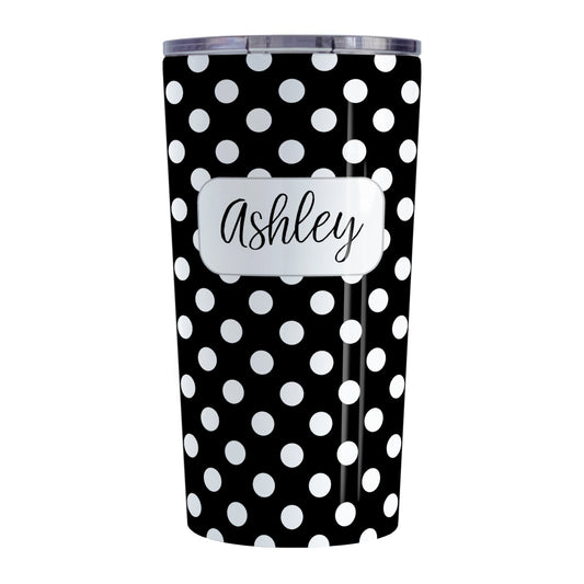 Personalized Black Polka Dot Tumbler Cup (20oz, stainless steel insulated) at Amy's Coffee Mugs. A tumbler cup designed with a pattern of white polka dots over a black background color that wraps around the cup. Your name is personalized in a cute black script font in a white frame design over the polka dot pattern.