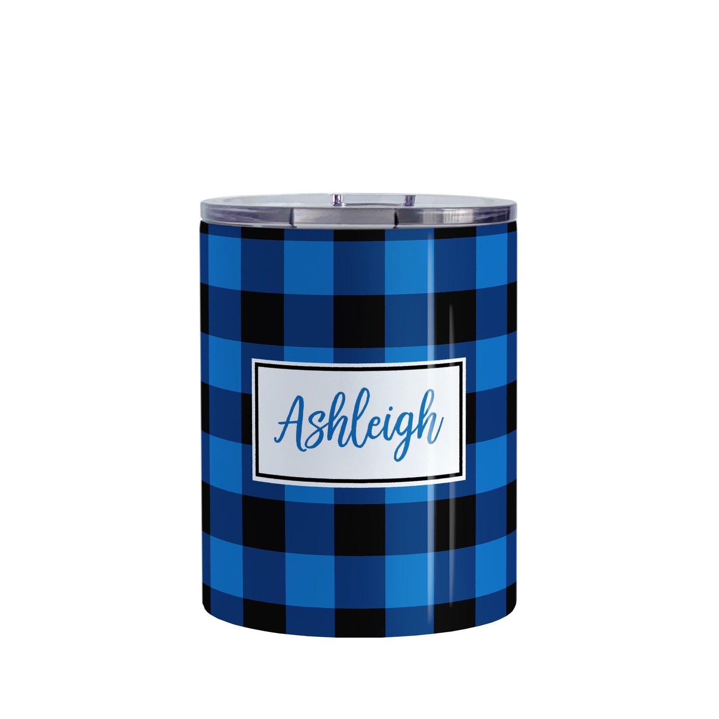 Personalized Blue and Black Buffalo Plaid Tumbler Cup (10oz, stainless steel insulated) at Amy's Coffee Mugs. A tumbler cup designed with a blue and black buffalo plaid (buffalo check) pattern that wraps around the cup. Your name is printed in a blue script font in a white frame design over the buffalo plaid background.