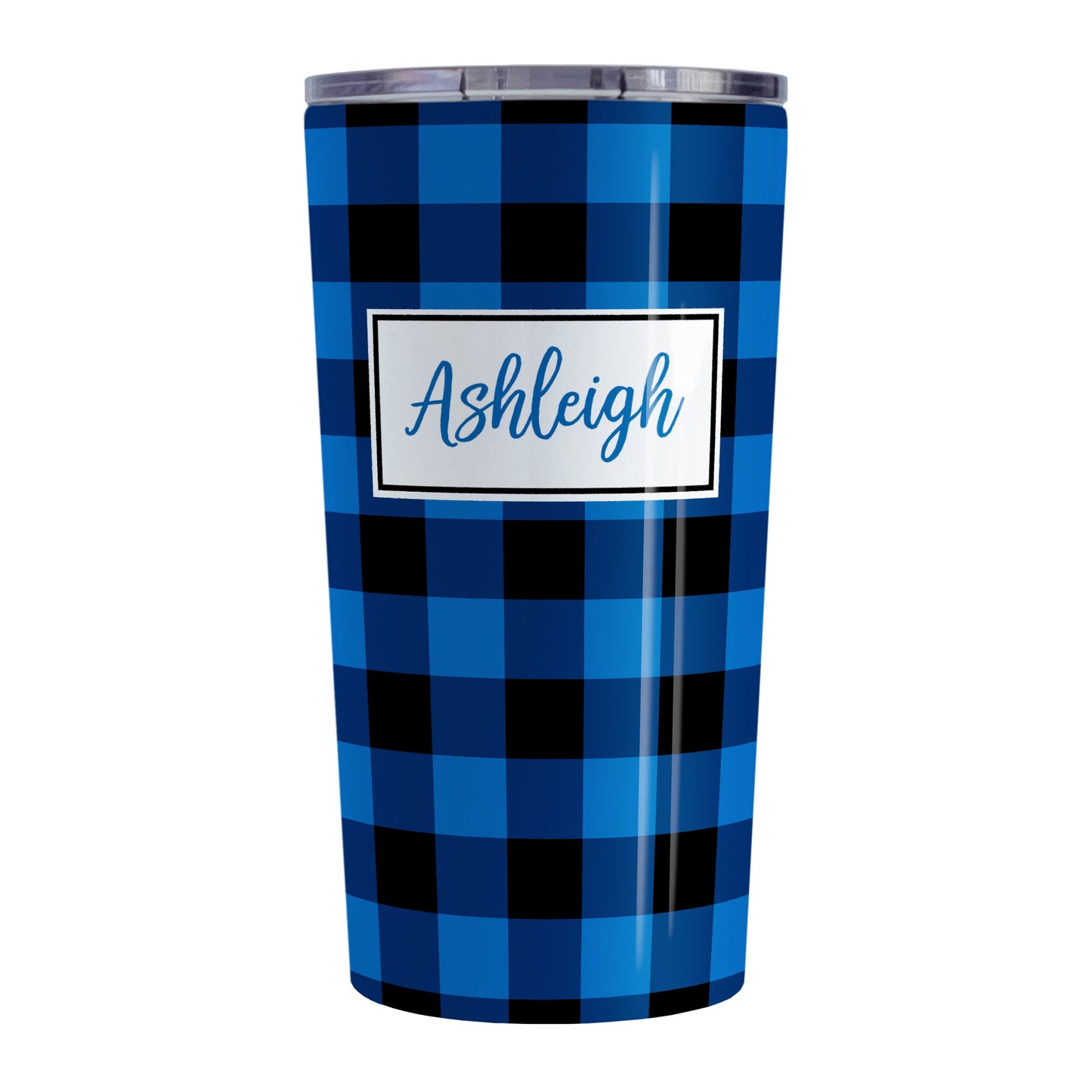 Personalized Blue and Black Buffalo Plaid Tumbler Cup (20oz, stainless steel insulated) at Amy's Coffee Mugs. A tumbler cup designed with a blue and black buffalo plaid (buffalo check) pattern that wraps around the cup. Your name is printed in a blue script font in a white frame design over the buffalo plaid background.