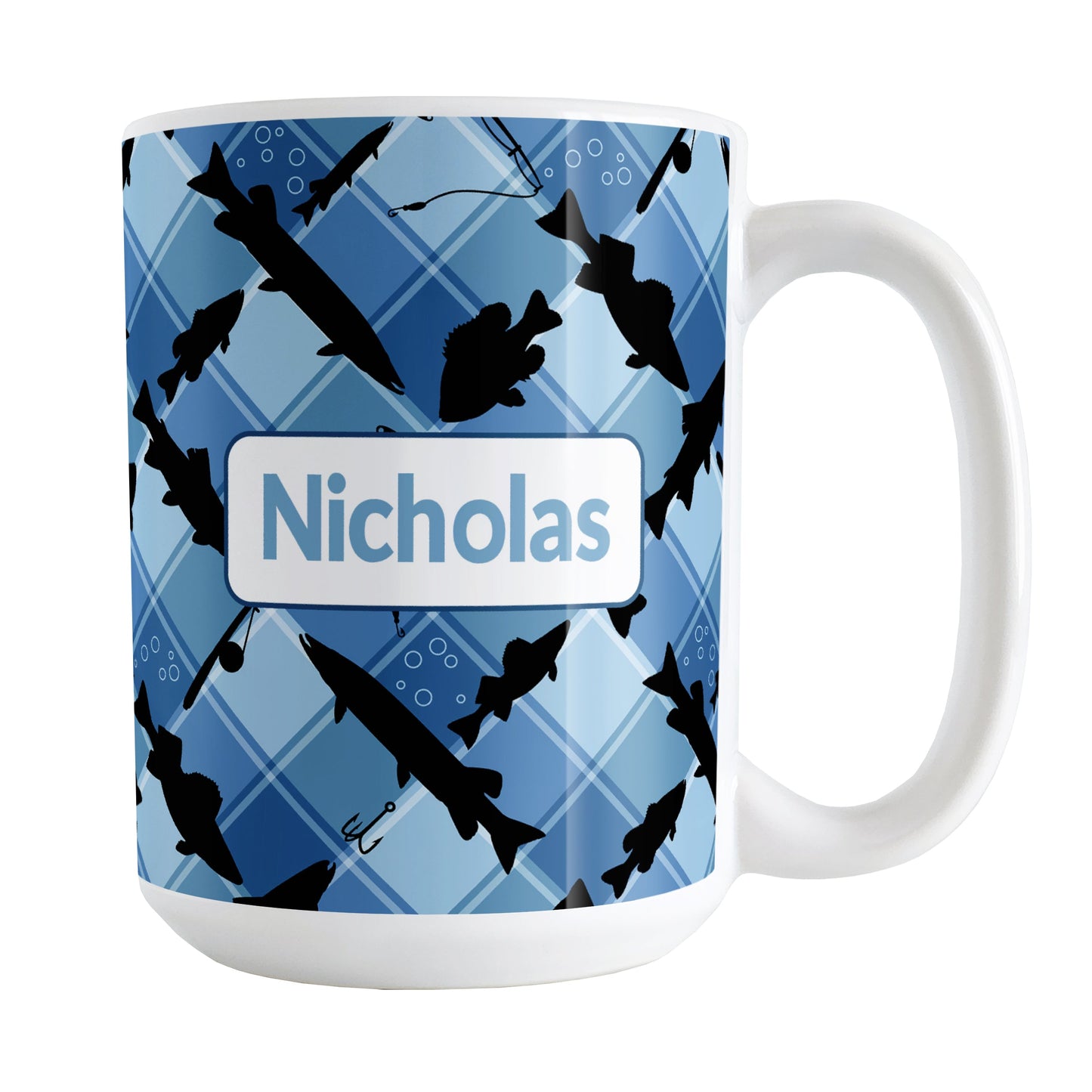 Personalized Blue Fishing Plaid Pattern Mug (15oz) at Amy's Coffee Mugs. A ceramic coffee mug designed with black silhouettes of fish, fishing poles, and lures diagonally arranged over a blue plaid pattern that wraps around the mug up to the handle. Your name is printed in blue in a white frame design on both sides of the mug over the fishing pattern.