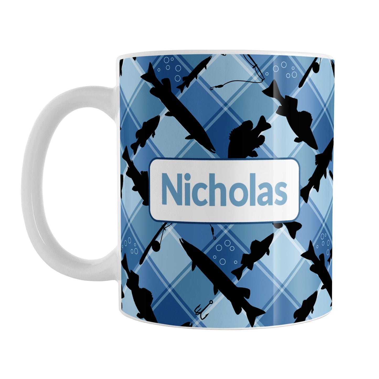 Personalized Blue Fishing Plaid Pattern Mug (11oz) at Amy's Coffee Mugs. A ceramic coffee mug designed with black silhouettes of fish, fishing poles, and lures diagonally arranged over a blue plaid pattern that wraps around the mug up to the handle. Your name is printed in blue in a white frame design on both sides of the mug over the fishing pattern.
