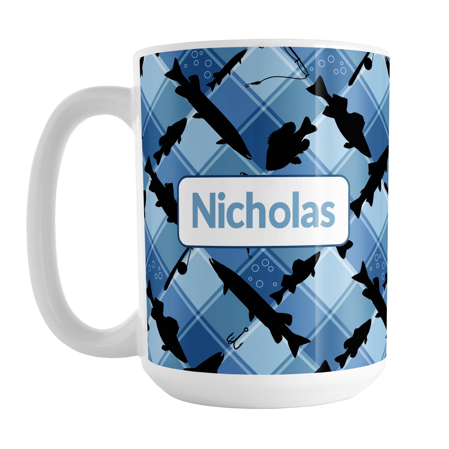 Personalized Blue Fishing Plaid Pattern Mug (15oz) at Amy's Coffee Mugs. A ceramic coffee mug designed with black silhouettes of fish, fishing poles, and lures diagonally arranged over a blue plaid pattern that wraps around the mug up to the handle. Your name is printed in blue in a white frame design on both sides of the mug over the fishing pattern.