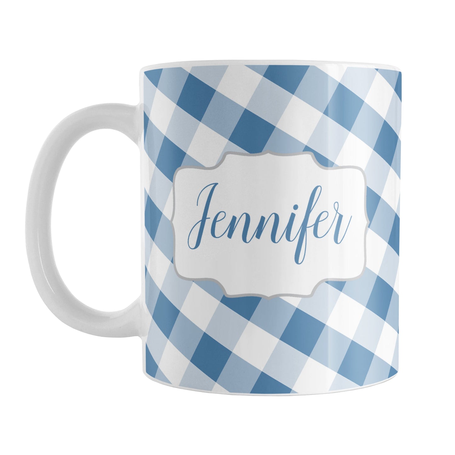 Personalized Blue Gingham Mug (11oz) at Amy's Coffee Mugs. A ceramic coffee mug designed with a slanted blue and white gingham pattern that wraps around the mug up to the handle. Your personalized name is custom-printed in a blue script font on both sides of the mug over the gingham pattern.