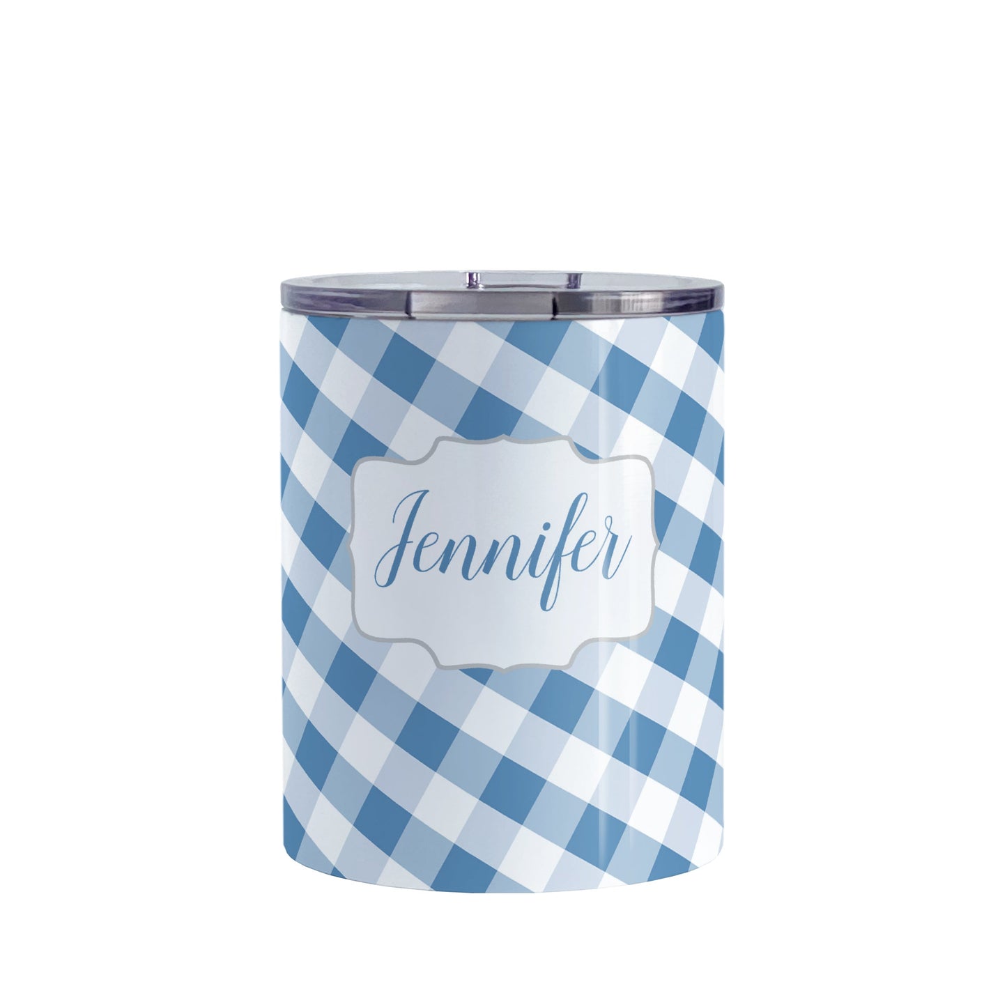 Personalized Blue Gingham Tumbler Cup (10oz, stainless steel insulated) at Amy's Coffee Mugs. A tumbler cup designed with a slanted blue and white gingham pattern that wraps around the cup. Your personalized name is custom-printed in a blue script font in a white frame design over the gingham pattern.