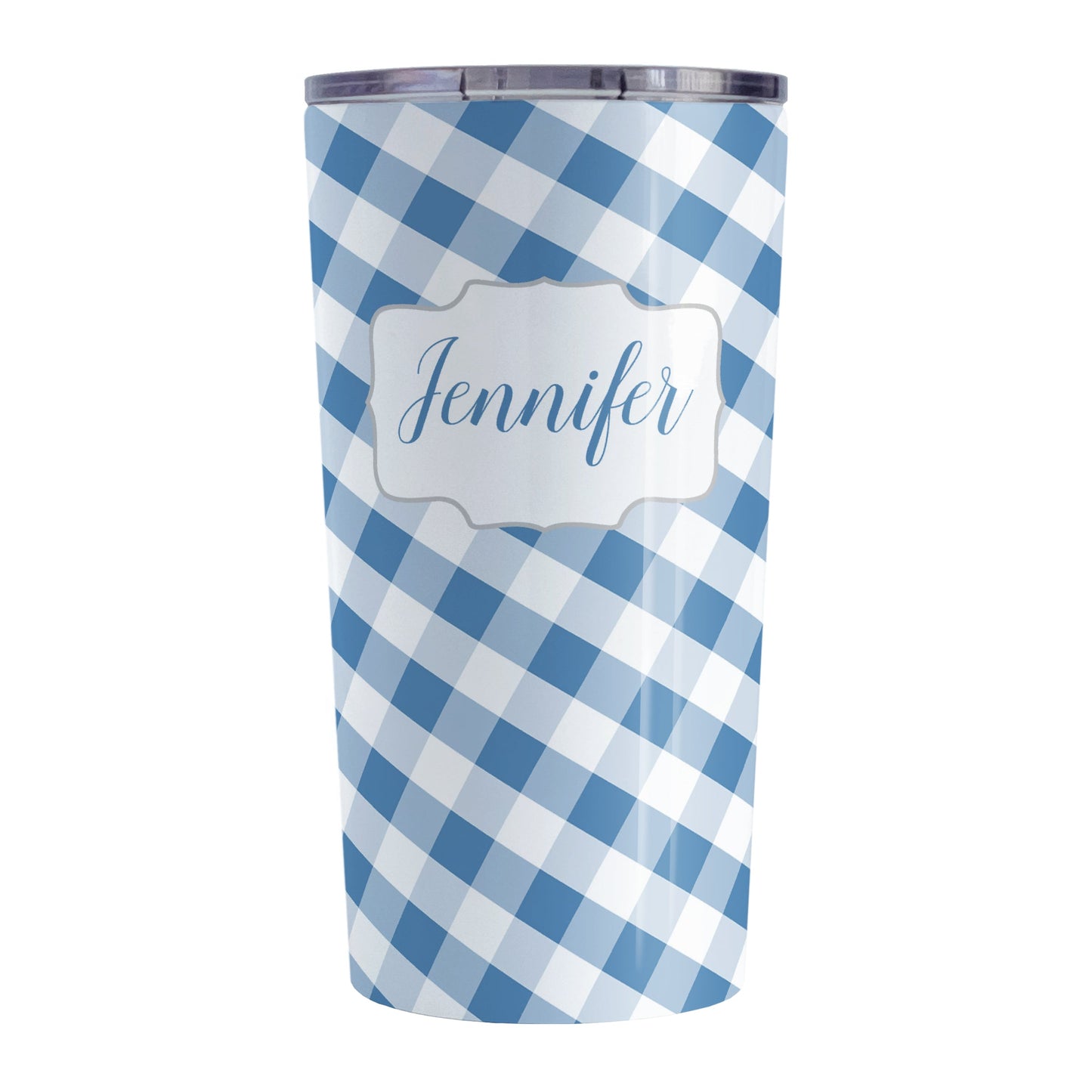 Personalized Blue Gingham Tumbler Cup (20oz, stainless steel insulated) at Amy's Coffee Mugs. A tumbler cup designed with a slanted blue and white gingham pattern that wraps around the cup. Your personalized name is custom-printed in a blue script font in a white frame design over the gingham pattern.