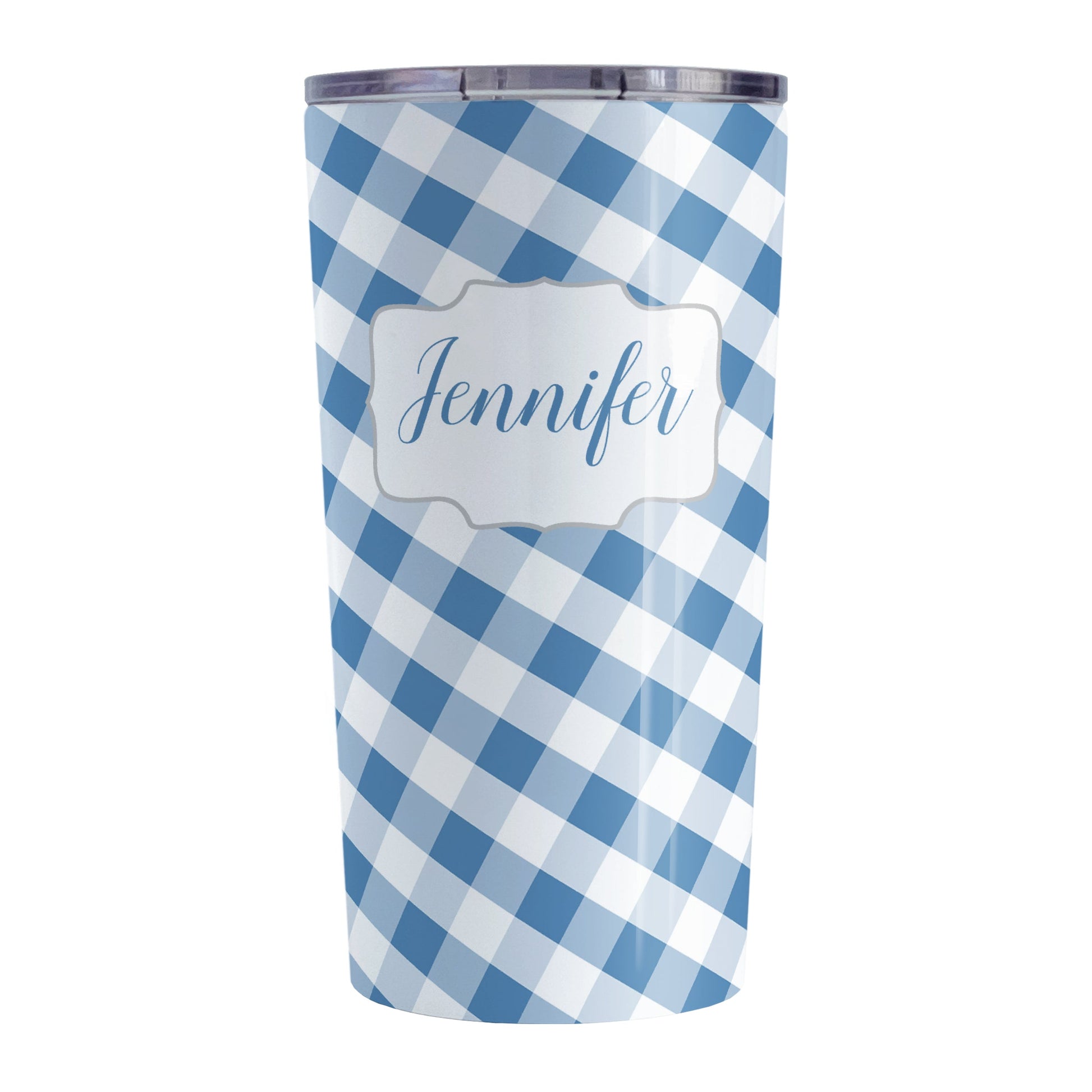 Personalized Blue Gingham Tumbler Cup (20oz, stainless steel insulated) at Amy's Coffee Mugs. A tumbler cup designed with a slanted blue and white gingham pattern that wraps around the cup. Your personalized name is custom-printed in a blue script font in a white frame design over the gingham pattern.