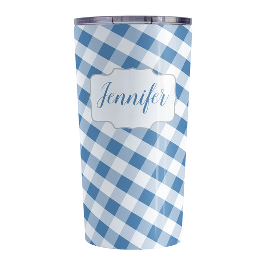 Personalized Blue Gingham Tumbler Cup (20oz, stainless steel insulated) at Amy's Coffee Mugs. A tumbler cup designed with a slanted blue and white gingham pattern that wraps around the cup. Your personalized name is custom-printed in a blue script font in a white frame design over the gingham pattern.