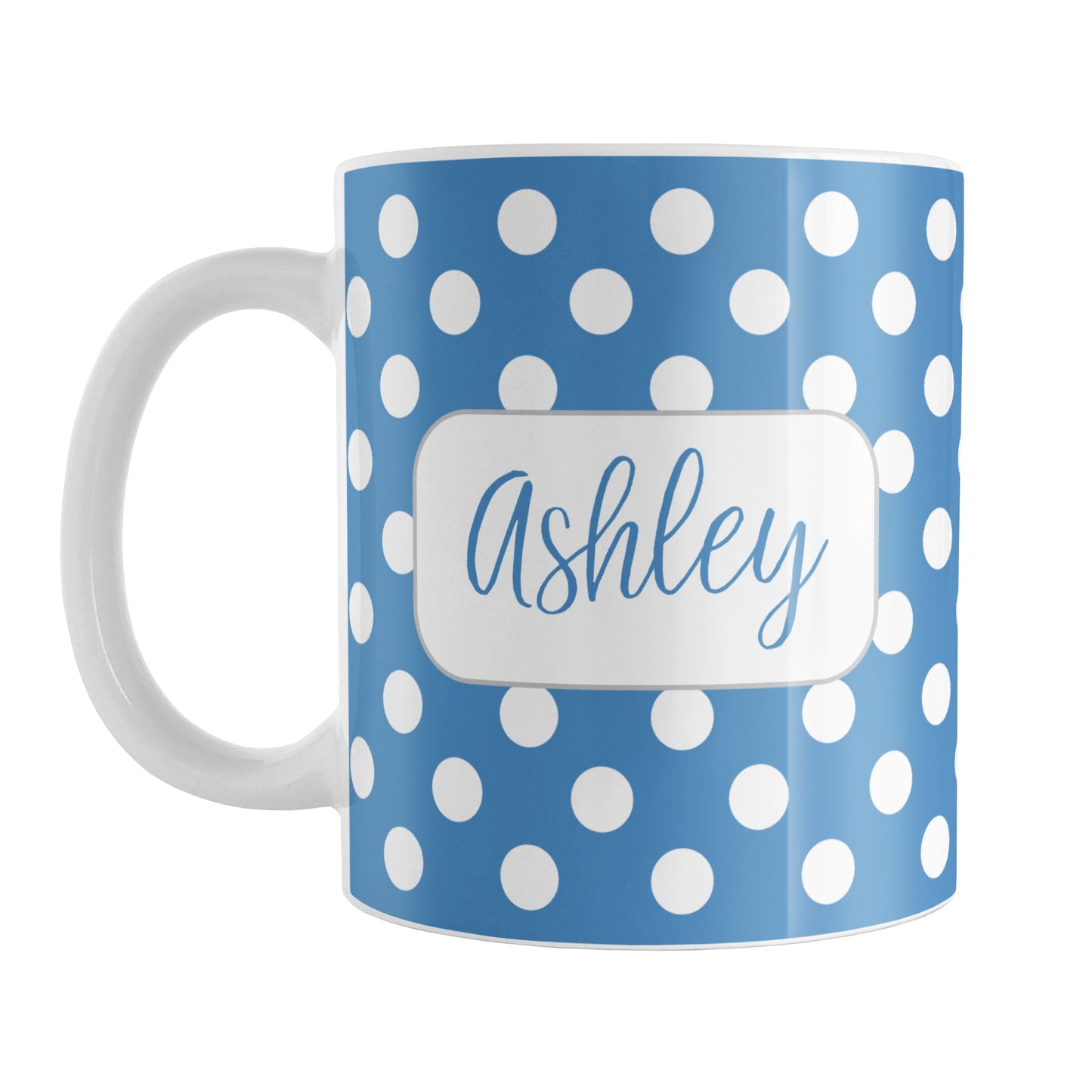 Personalized Blue Polka Dot Mug (11oz) at Amy's Coffee Mugs. A ceramic coffee mug designed with a pattern of white polka dots over a blue background color that wraps around the mug up to the handle. Your name is personalized in a cute blue script font in a white frame design on both sides of the mug over the polka dot pattern.