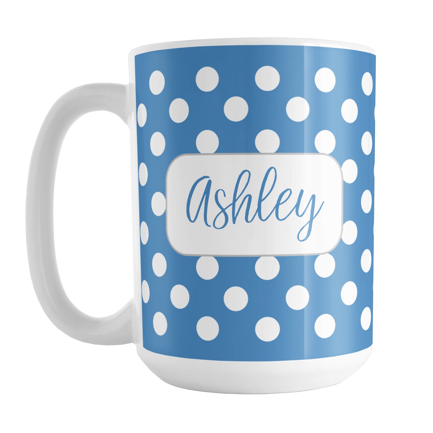 Personalized Blue Polka Dot Mug (15oz) at Amy's Coffee Mugs. A ceramic coffee mug designed with a pattern of white polka dots over a blue background color that wraps around the mug up to the handle. Your name is personalized in a cute blue script font in a white frame design on both sides of the mug over the polka dot pattern.