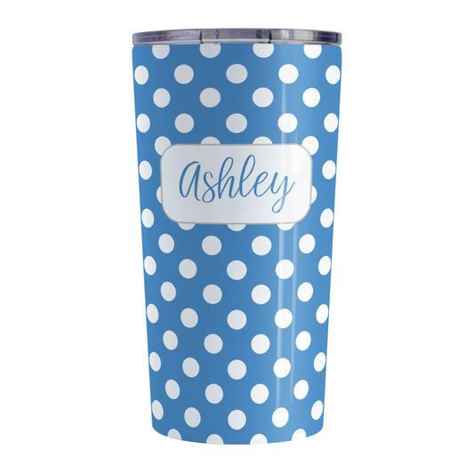 Personalized Blue Polka Dot Tumbler Cup (20oz, stainless steel insulated) at Amy's Coffee Mugs. This cup is designed with a pattern of white polka dots over a blue background color that wraps around the cup. Your name is personalized in a blue script font over the polka dot pattern.