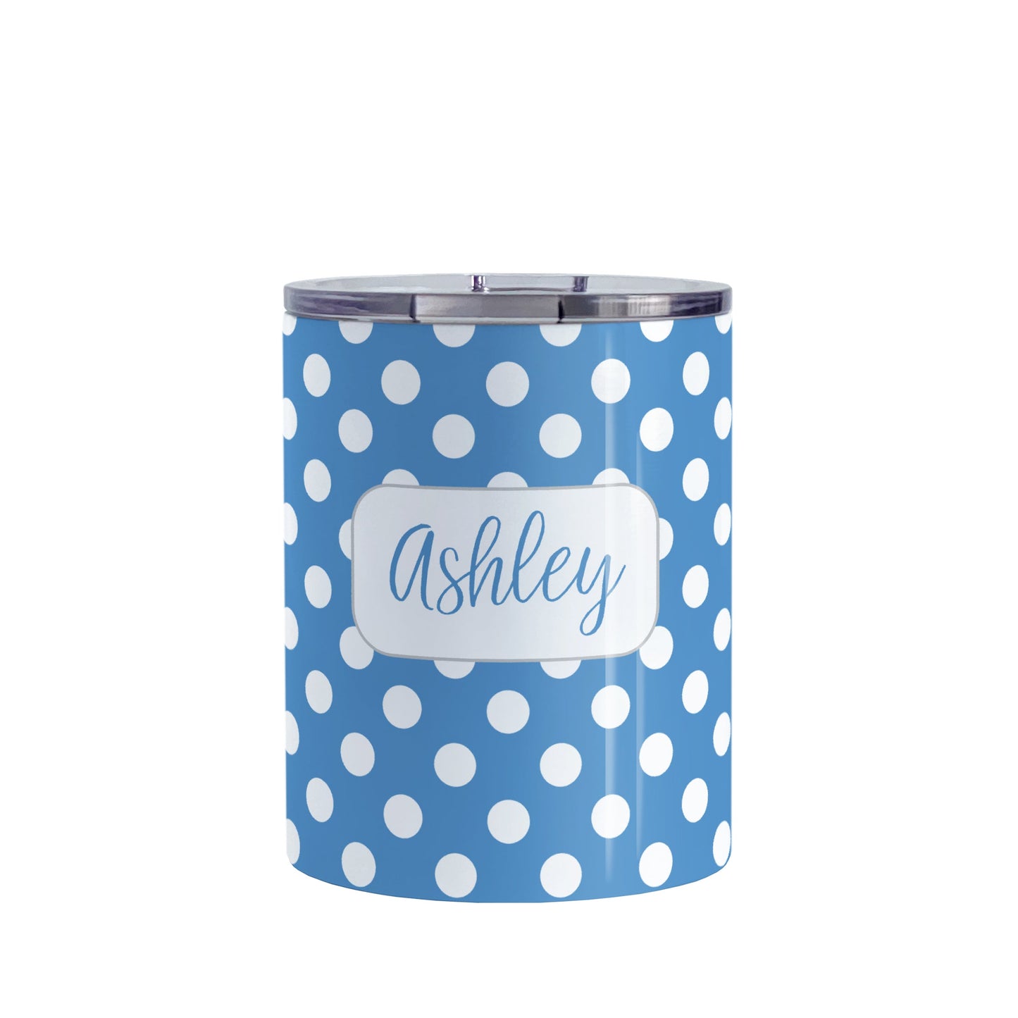 Personalized Blue Polka Dot Tumbler Cup (10oz, stainless steel insulated) at Amy's Coffee Mugs. This cup is designed with a pattern of white polka dots over a blue background color that wraps around the cup. Your name is personalized in a blue script font over the polka dot pattern.