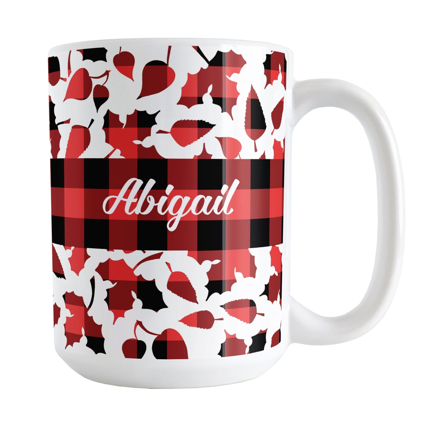 Personalized Buffalo Plaid Leaves Fall Mug (15oz) at Amy's Coffee Mugs. A ceramic coffee mug designed with a pattern of leaves with a red and black buffalo plaid pattern that wraps around the mug to the handle. There is a buffalo plaid stripe across the center over the leaves with your name custom printed in a white script font on both sides of the mug.