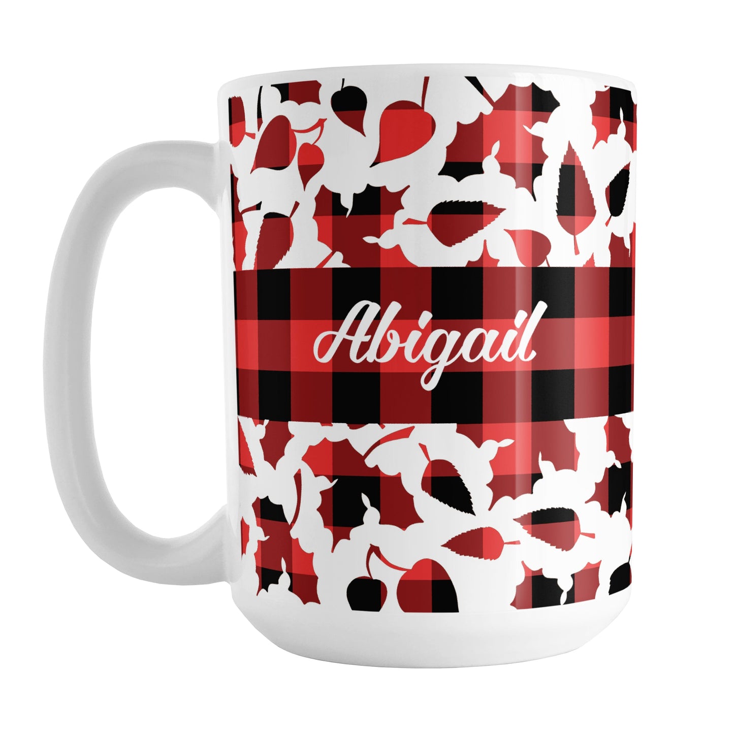 Personalized Buffalo Plaid Leaves Fall Mug (15oz) at Amy's Coffee Mugs. A ceramic coffee mug designed with a pattern of leaves with a red and black buffalo plaid pattern that wraps around the mug to the handle. There is a buffalo plaid stripe across the center over the leaves with your name custom printed in a white script font on both sides of the mug.