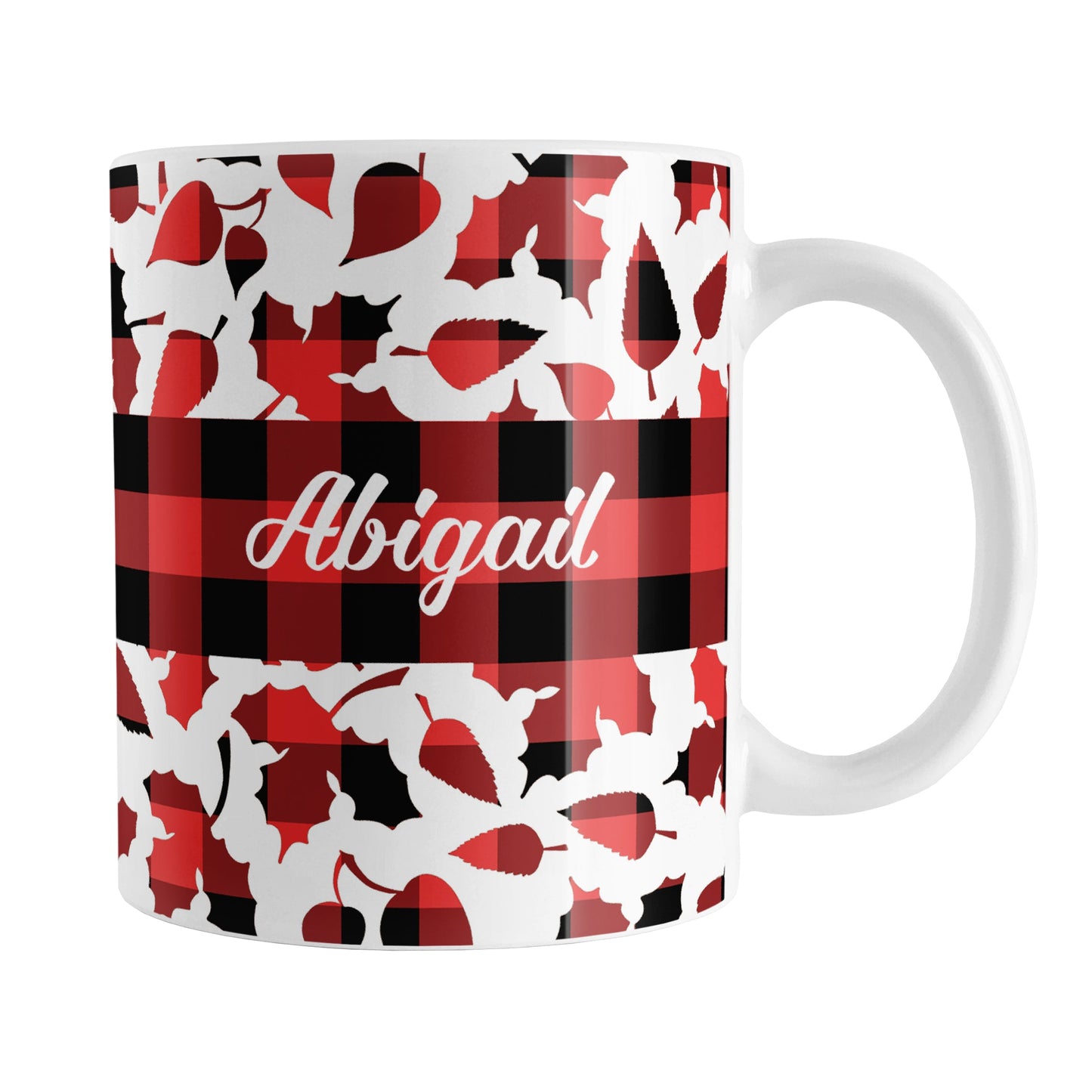 Personalized Buffalo Plaid Leaves Fall Mug (11oz) at Amy's Coffee Mugs. A ceramic coffee mug designed with a pattern of leaves with a red and black buffalo plaid pattern that wraps around the mug to the handle. There is a buffalo plaid stripe across the center over the leaves with your name custom printed in a white script font on both sides of the mug.