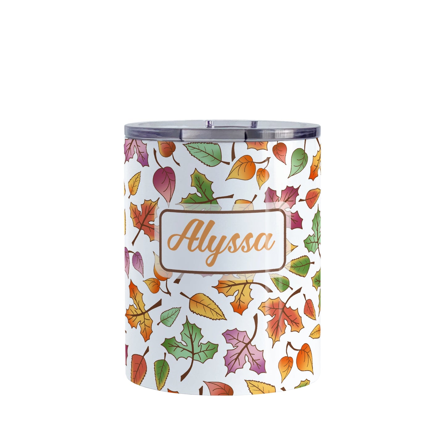 Personalized Changing Leaves Fall Tumbler Cup (10oz) at Amy's Coffee Mugs. A stainless steel insulated tumbler cup designed with a fall themed pattern of leaves changing colors, as they do at the beginning of autumn, that wraps around the cup. Your personalized name is custom printed in an orange script font in a white rectangle over the leaves pattern.
