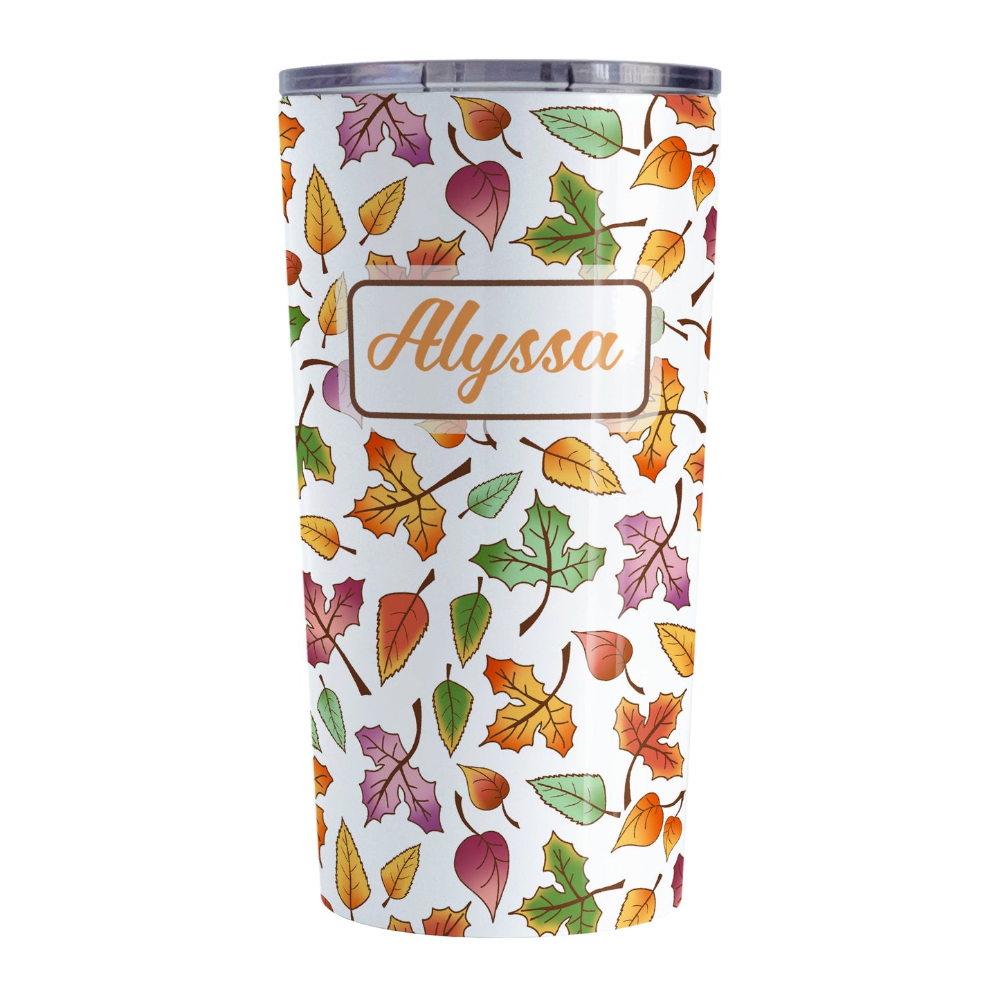 Personalized Changing Leaves Fall Tumbler Cup (20oz) at Amy's Coffee Mugs. A stainless steel insulated tumbler cup designed with a fall themed pattern of leaves changing colors, as they do at the beginning of autumn, that wraps around the cup. Your personalized name is custom printed in an orange script font in a white rectangle over the leaves pattern.
