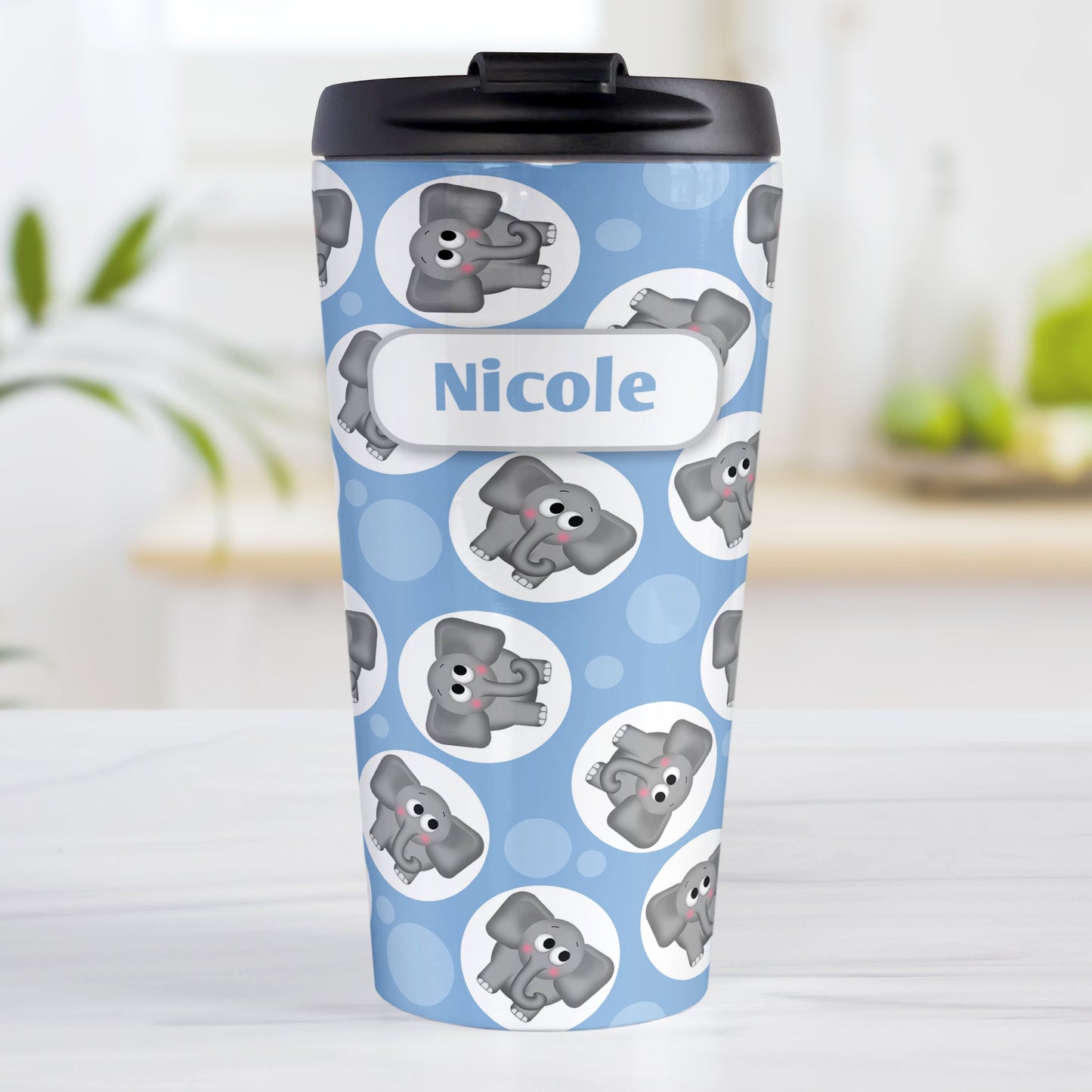 Personalized Cute Blue Elephant Pattern Travel Mug (15oz, stainless steel insulated) at Amy's Coffee Mugs. A travel mug designed with cute and affectionate gray elephants in white circles scattered over a blue background color in a pattern that wraps around the travel mug. Your name is custom printed in blue on white over the elephant pattern.