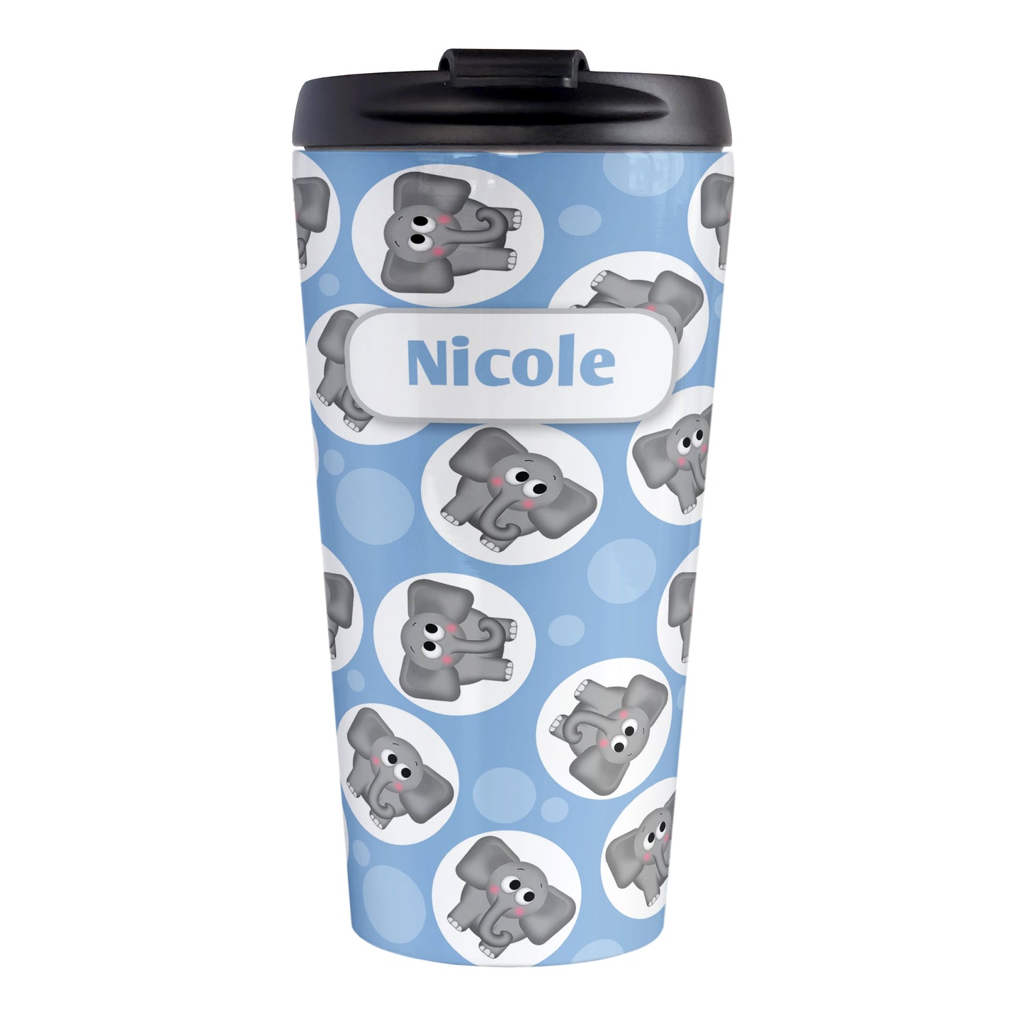 Personalized Cute Blue Elephant Pattern Travel Mug (15oz, stainless steel insulated) at Amy's Coffee Mugs. A travel mug designed with cute and affectionate gray elephants in white circles scattered over a blue background color in a pattern that wraps around the travel mug. Your name is custom printed in blue on white over the elephant pattern.
