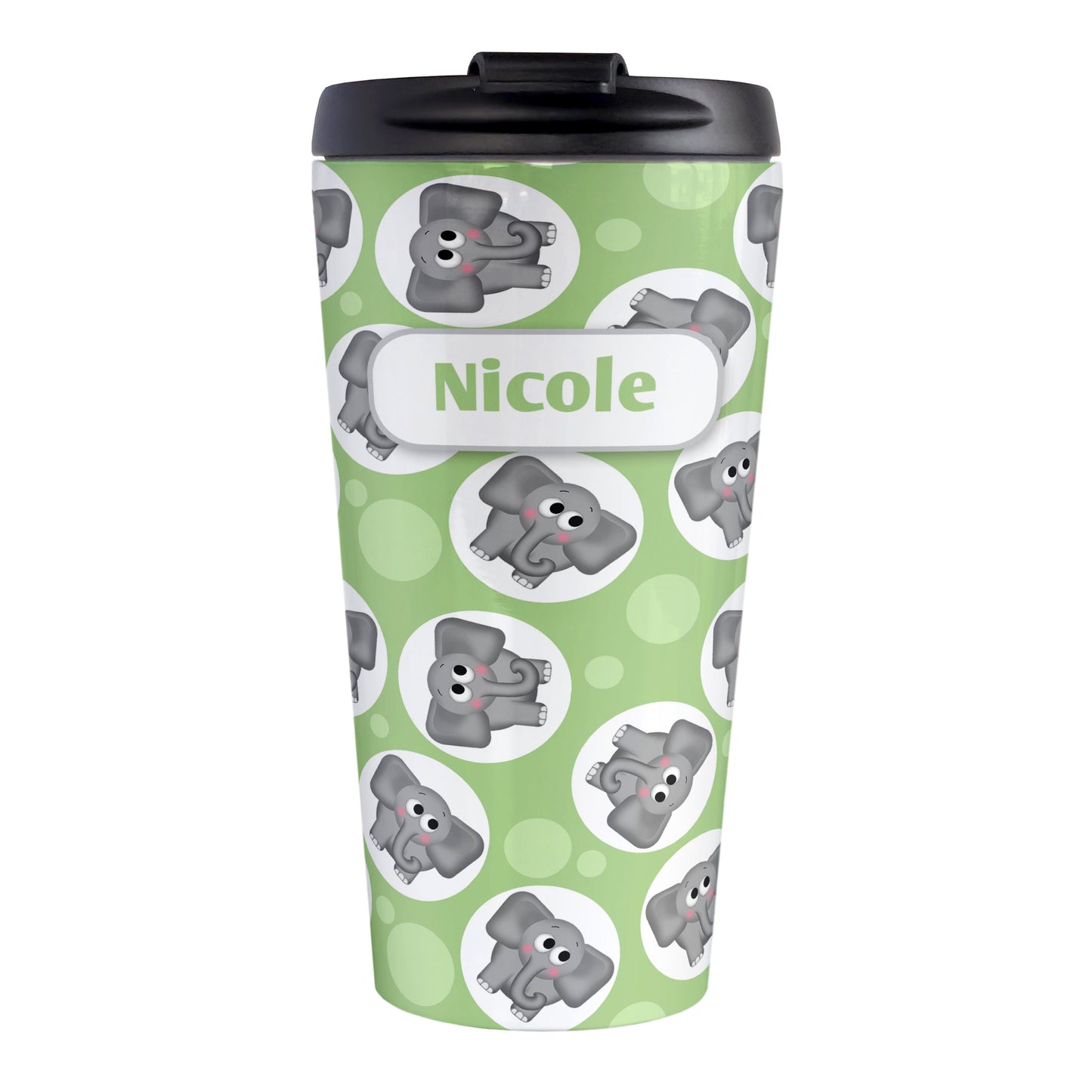 Personalized Cute Green Elephant Pattern Travel Mug (15oz, stainless steel insulated) at Amy's Coffee Mugs. A travel mug designed with cute and affectionate gray elephants in white circles scattered over a green background color in a pattern that wraps around the travel mug. Your name is custom printed in green on white positioned over the elephant pattern.