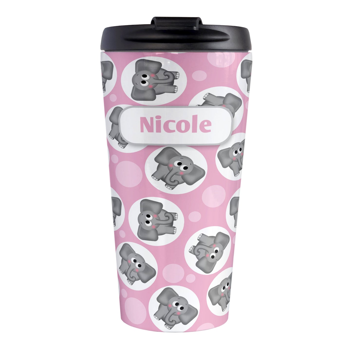 Personalized Cute Pink Elephant Pattern Travel Mug (15oz, stainless steel insulated) at Amy's Coffee Mugs. A travel mug designed with cute and affectionate gray elephants in white circles scattered over a pink background color in a pattern that wraps around the travel mug. Your name is custom printed in pink on white positioned prominently over the elephant pattern.