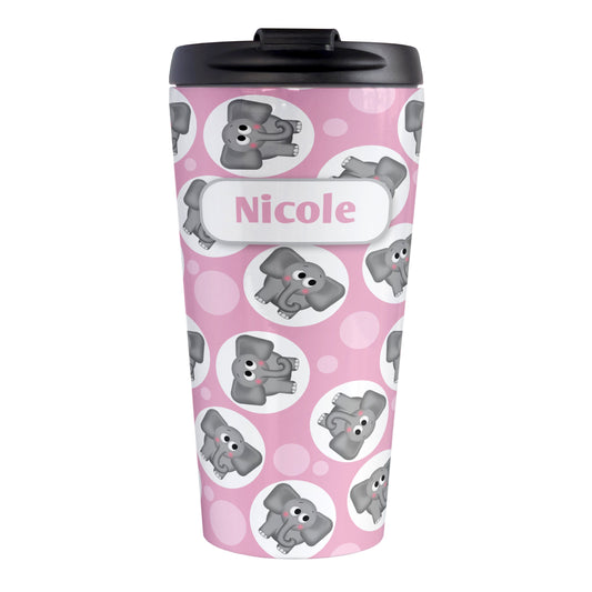 Personalized Cute Pink Elephant Pattern Travel Mug (15oz, stainless steel insulated) at Amy's Coffee Mugs. A travel mug designed with cute and affectionate gray elephants in white circles scattered over a pink background color in a pattern that wraps around the travel mug. Your name is custom printed in pink on white positioned prominently over the elephant pattern.
