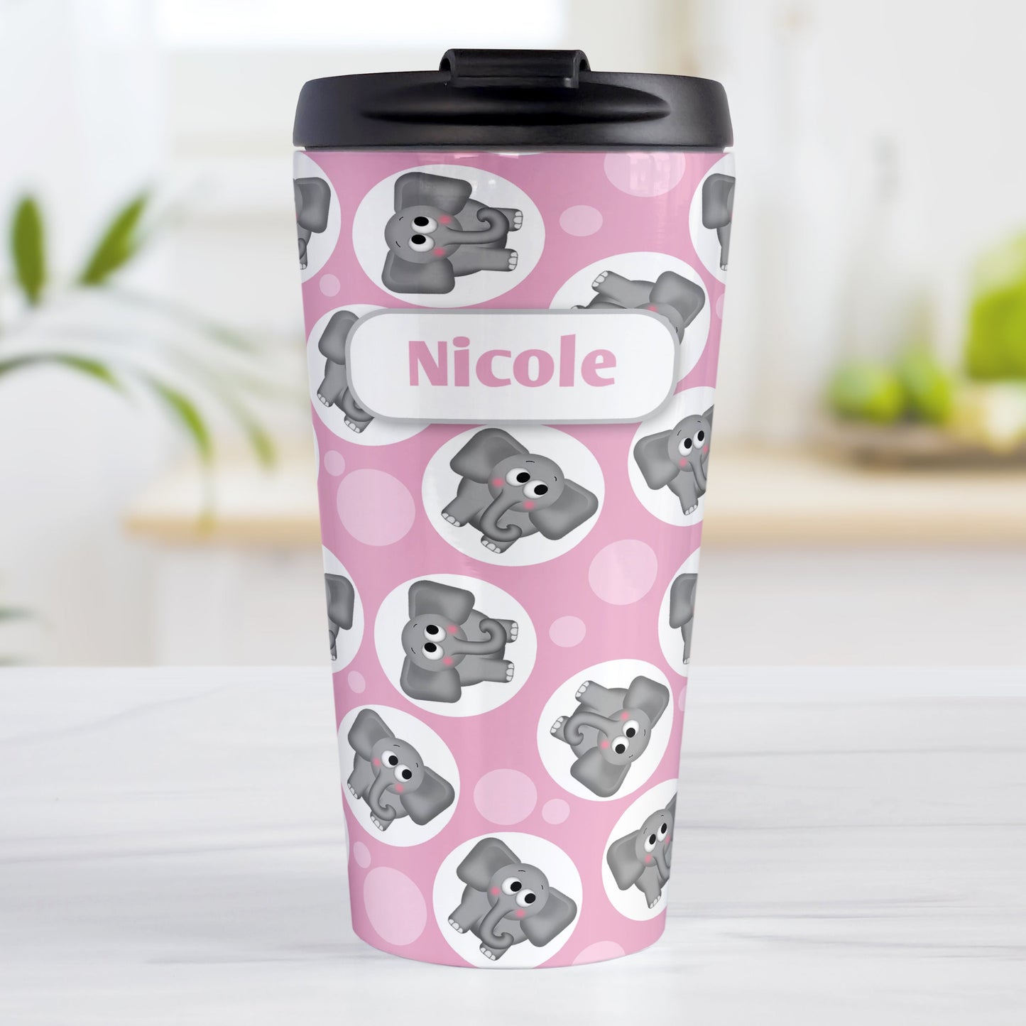 Personalized Cute Pink Elephant Pattern Travel Mug (15oz, stainless steel insulated) at Amy's Coffee Mugs. A travel mug designed with cute and affectionate gray elephants in white circles scattered over a pink background color in a pattern that wraps around the travel mug. Your name is custom printed in pink on white positioned prominently over the elephant pattern.
