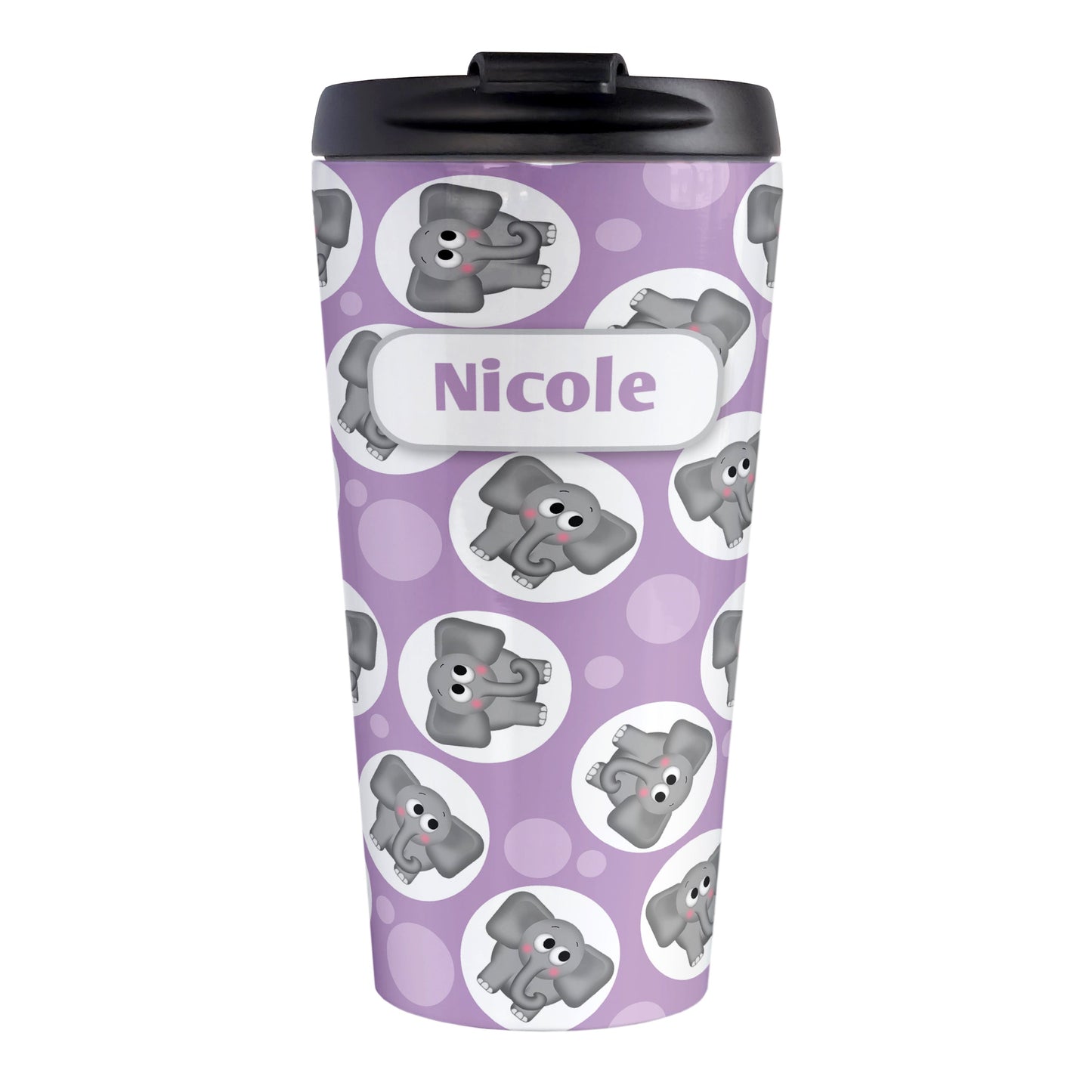 Personalized Cute Purple Elephant Pattern Travel Mug (15oz, stainless steel insulated) at Amy's Coffee Mugs. A travel mug designed with cute and affectionate gray elephants in white circles scattered over a purple background color in a pattern that wraps around the travel mug. Your name is custom printed in purple on white positioned over the elephant pattern.