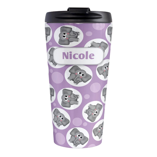 Personalized Cute Purple Elephant Pattern Travel Mug (15oz, stainless steel insulated) at Amy's Coffee Mugs. A travel mug designed with cute and affectionate gray elephants in white circles scattered over a purple background color in a pattern that wraps around the travel mug. Your name is custom printed in purple on white positioned over the elephant pattern.