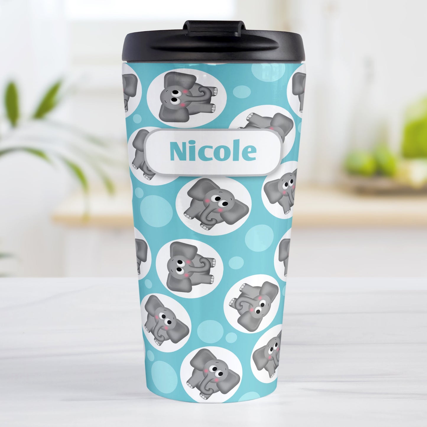Personalized Cute Turquoise Elephant Pattern Travel Mug (15oz, stainless steel insulated) at Amy's Coffee Mugs. A travel mug designed with cute and affectionate gray elephants in white circles scattered over a turquoise background color in a pattern that wraps around the travel mug. Your name is custom printed in turquoise on white positioned over the elephant pattern.