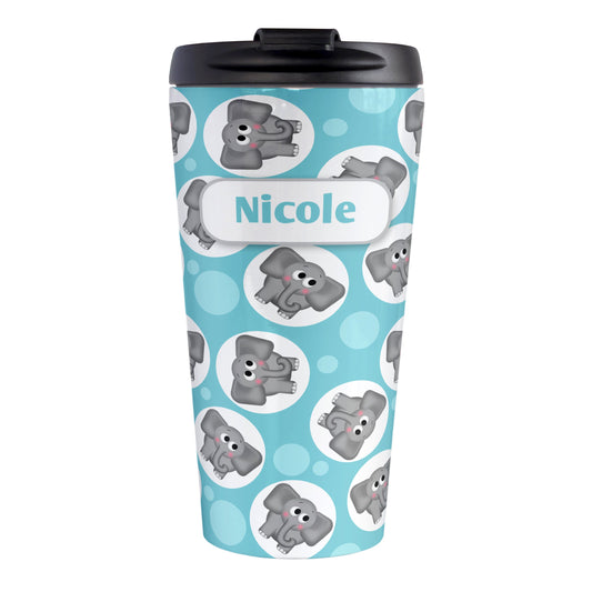 Personalized Cute Turquoise Elephant Pattern Travel Mug (15oz, stainless steel insulated) at Amy's Coffee Mugs. A travel mug designed with cute and affectionate gray elephants in white circles scattered over a turquoise background color in a pattern that wraps around the travel mug. Your name is custom printed in turquoise on white positioned over the elephant pattern.