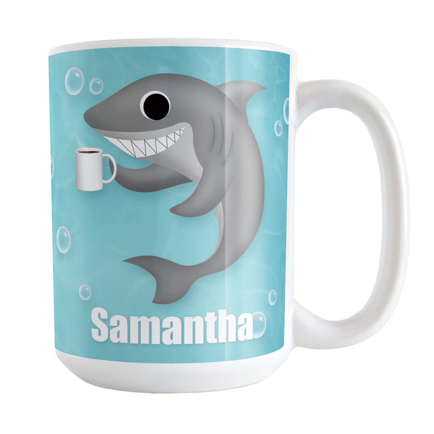 Personalized Cute Underwater Coffee Shark Mug (15oz) at Amy's Coffee Mugs. A ceramic coffee mug designed with an under the sea illustration of a cute shark smiling and holding a cup of coffee on both sides of the mug over a turquoise underwater background with bubbles that wraps around the mug up to the handle. Your personalized name is displayed in white below the adorable and happy shark.