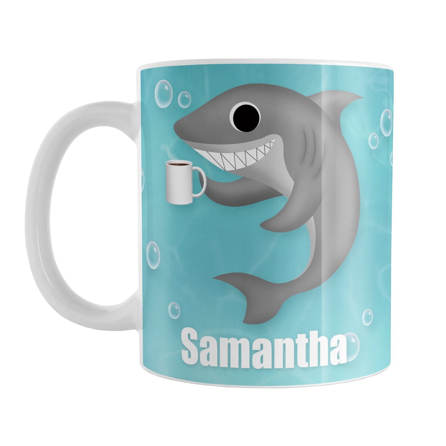 Personalized Cute Underwater Coffee Shark Mug (11oz) at Amy's Coffee Mugs. A ceramic coffee mug designed with an under the sea illustration of a cute shark smiling and holding a cup of coffee on both sides of the mug over a turquoise underwater background with bubbles that wraps around the mug up to the handle. Your personalized name is displayed in white below the adorable and happy shark.
