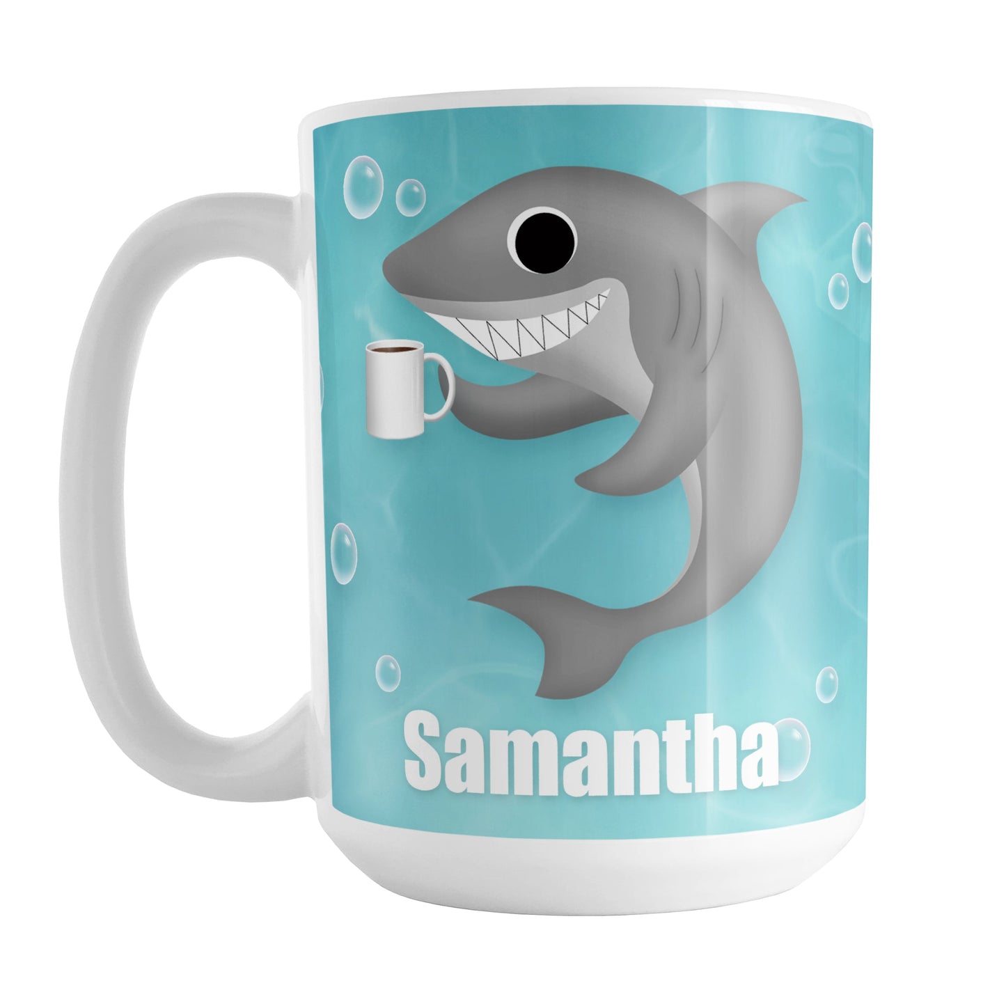 Personalized Cute Underwater Coffee Shark Mug (15oz) at Amy's Coffee Mugs. A ceramic coffee mug designed with an under the sea illustration of a cute shark smiling and holding a cup of coffee on both sides of the mug over a turquoise underwater background with bubbles that wraps around the mug up to the handle. Your personalized name is displayed in white below the adorable and happy shark.