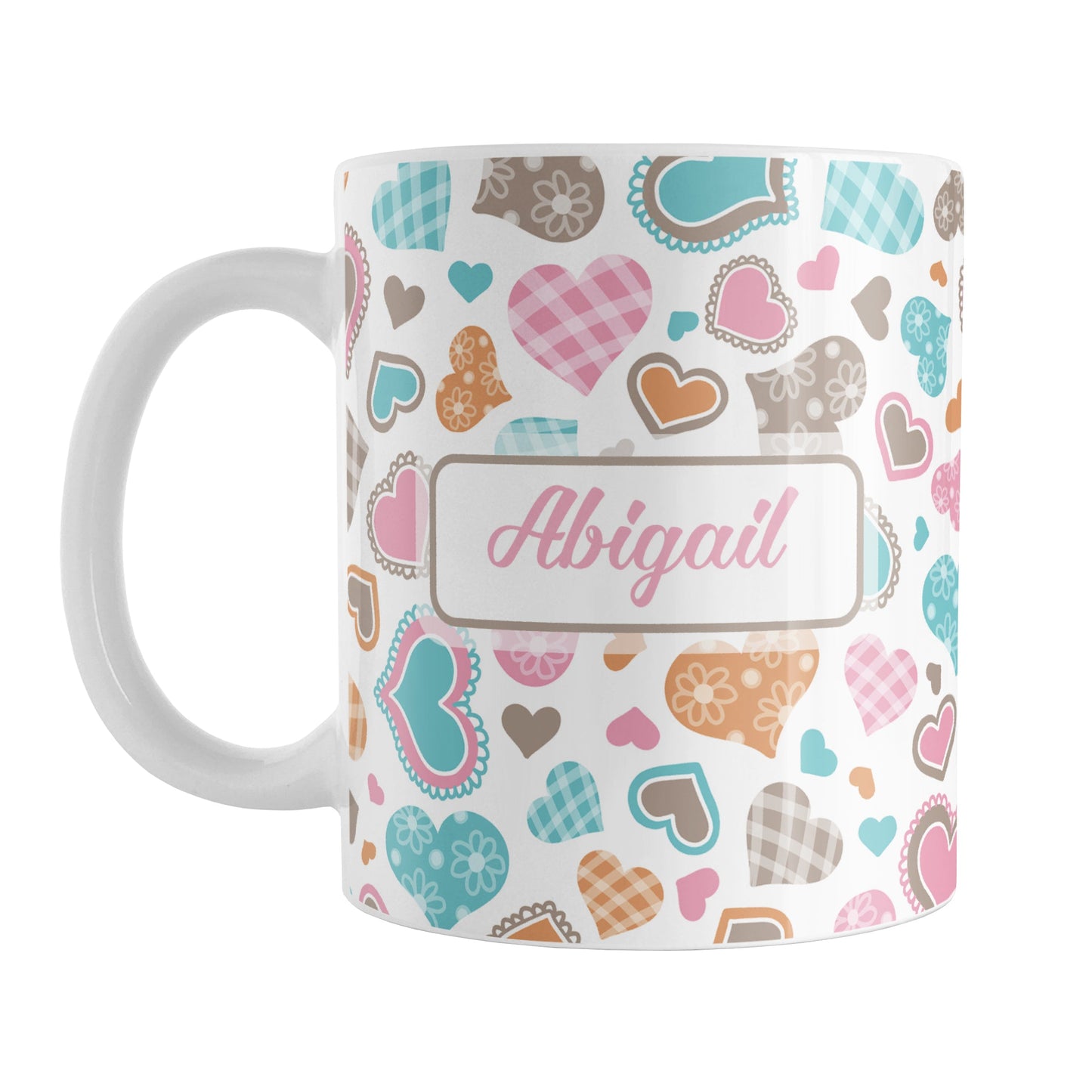 Personalized Cutesy Hearts Pattern Mug (11oz) at Amy's Coffee Mugs. designed with a print of adorable little hand-drawn hearts in pink, turquoise, orange, and brown with little details like lace outlines, flower patterns, and gingham patterns on some of the hearts. This pattern of cute hearts wraps around the mug up to the handle. Your name is printed in pink on both sides of the mug over the hearts pattern.