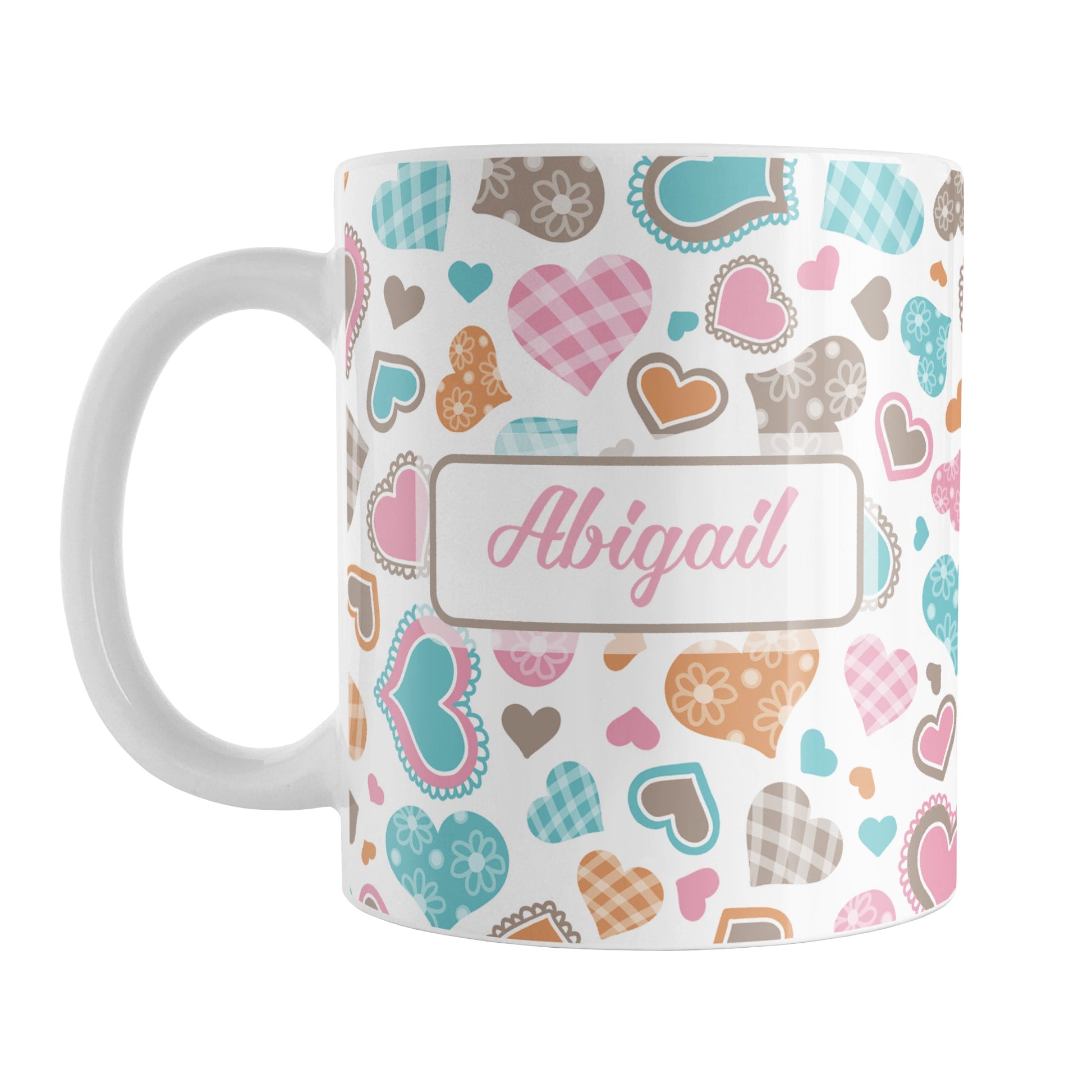 Personalized Cutesy Hearts Pattern Mug (11oz) at Amy's Coffee Mugs. designed with a print of adorable little hand-drawn hearts in pink, turquoise, orange, and brown with little details like lace outlines, flower patterns, and gingham patterns on some of the hearts. This pattern of cute hearts wraps around the mug up to the handle. Your name is printed in pink on both sides of the mug over the hearts pattern.