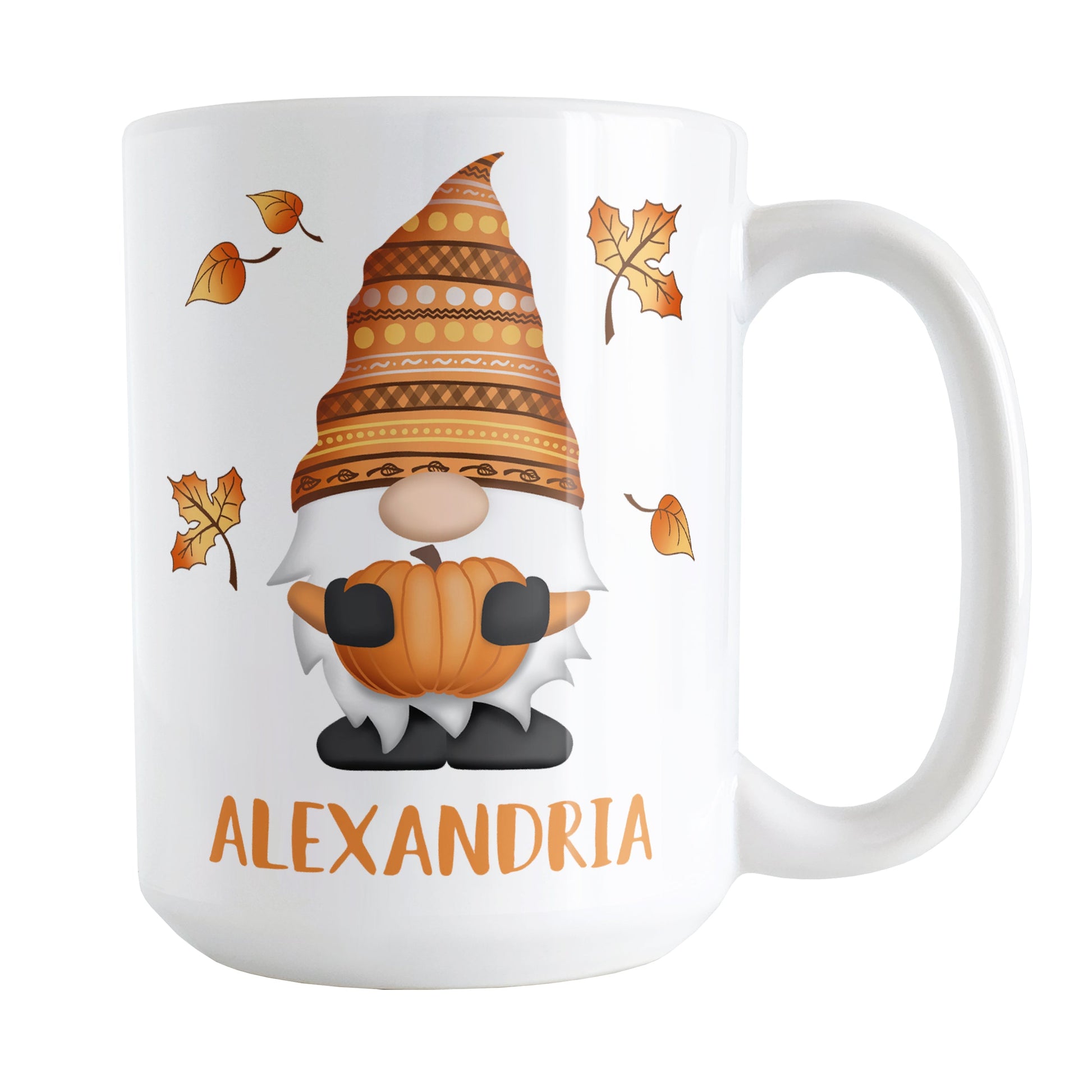 Personalized Fall Pumpkin Gnome Mug (15oz) at Amy's Coffee Mugs. A ceramic coffee mug designed with a fall themed gnome holding an orange pumpkin with an orange festive hat, and leaves in the air around it, on both sides of the mug. Your personalized name is custom printed in orange below the gnome.