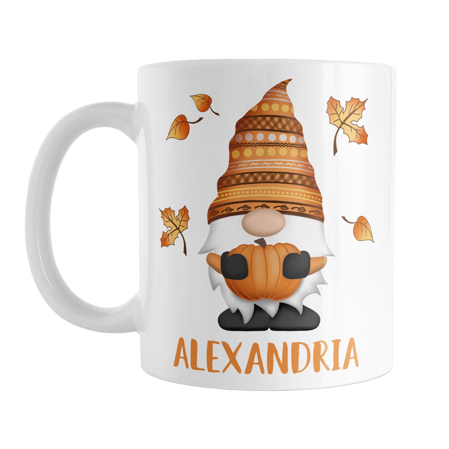 Personalized Fall Pumpkin Gnome Mug (11oz) at Amy's Coffee Mugs. A ceramic coffee mug designed with a fall themed gnome holding an orange pumpkin with an orange festive hat, and leaves in the air around it, on both sides of the mug. Your personalized name is custom printed in orange below the gnome.