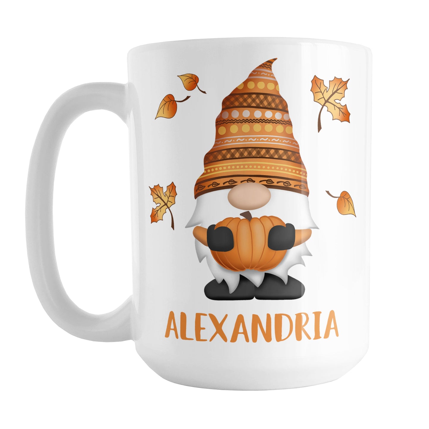 Personalized Fall Pumpkin Gnome Mug (15oz) at Amy's Coffee Mugs. A ceramic coffee mug designed with a fall themed gnome holding an orange pumpkin with an orange festive hat, and leaves in the air around it, on both sides of the mug. Your personalized name is custom printed in orange below the gnome.