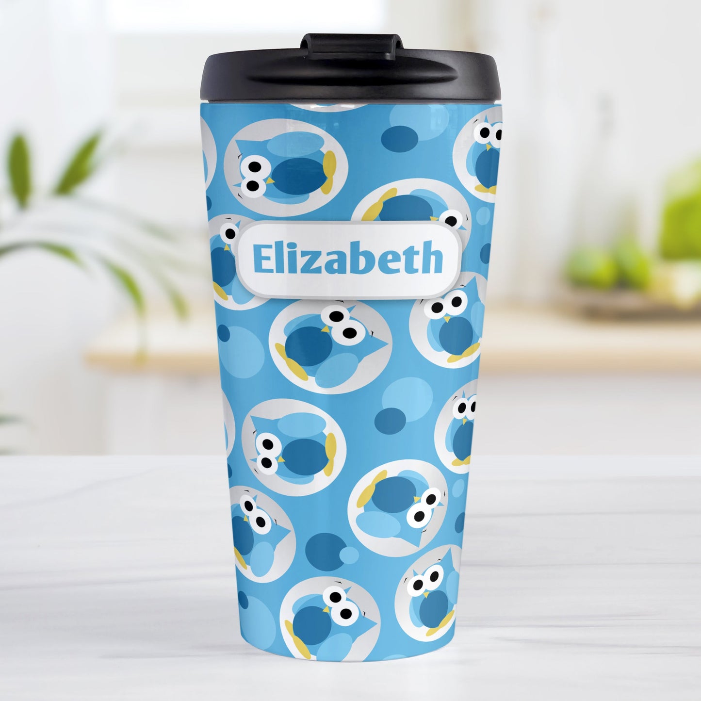 Personalized Funny Cute Blue Owl Pattern Travel Mug (15oz, stainless steel insulated) at Amy's Coffee Mugs. A travel mug designed with a pattern of funny and cute blue owls in a light gray circles scattered over a blue background color that wraps around the travel mug. Your name is printed in blue in a white rectangular frame design over the owl pattern.