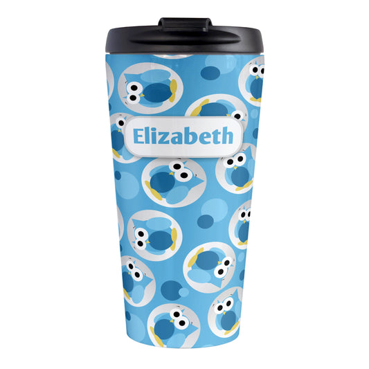 Personalized Funny Cute Blue Owl Pattern Travel Mug (15oz, stainless steel insulated) at Amy's Coffee Mugs. A travel mug designed with a pattern of funny and cute blue owls in a light gray circles scattered over a blue background color that wraps around the travel mug. Your name is printed in blue in a white rectangular frame design over the owl pattern.