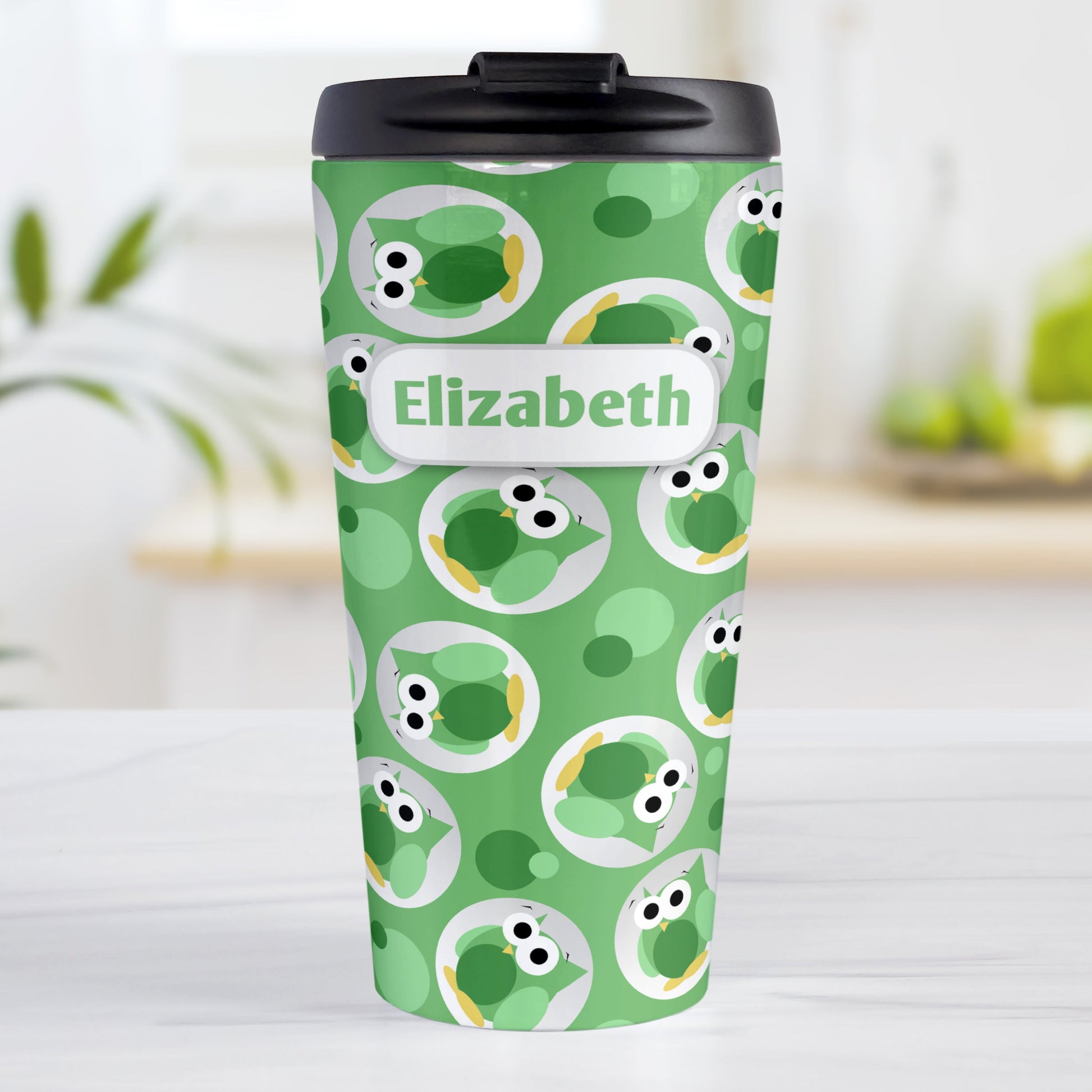 Personalized Funny Cute Green Owl Pattern Travel Mug (15oz, stainless steel insulated) at Amy's Coffee Mugs. A travel mug designed with a pattern of funny and cute green owls in a light gray circles scattered over a green background color that wraps around the travel mug. Your name is printed in green in a white rectangular frame design over owl pattern.