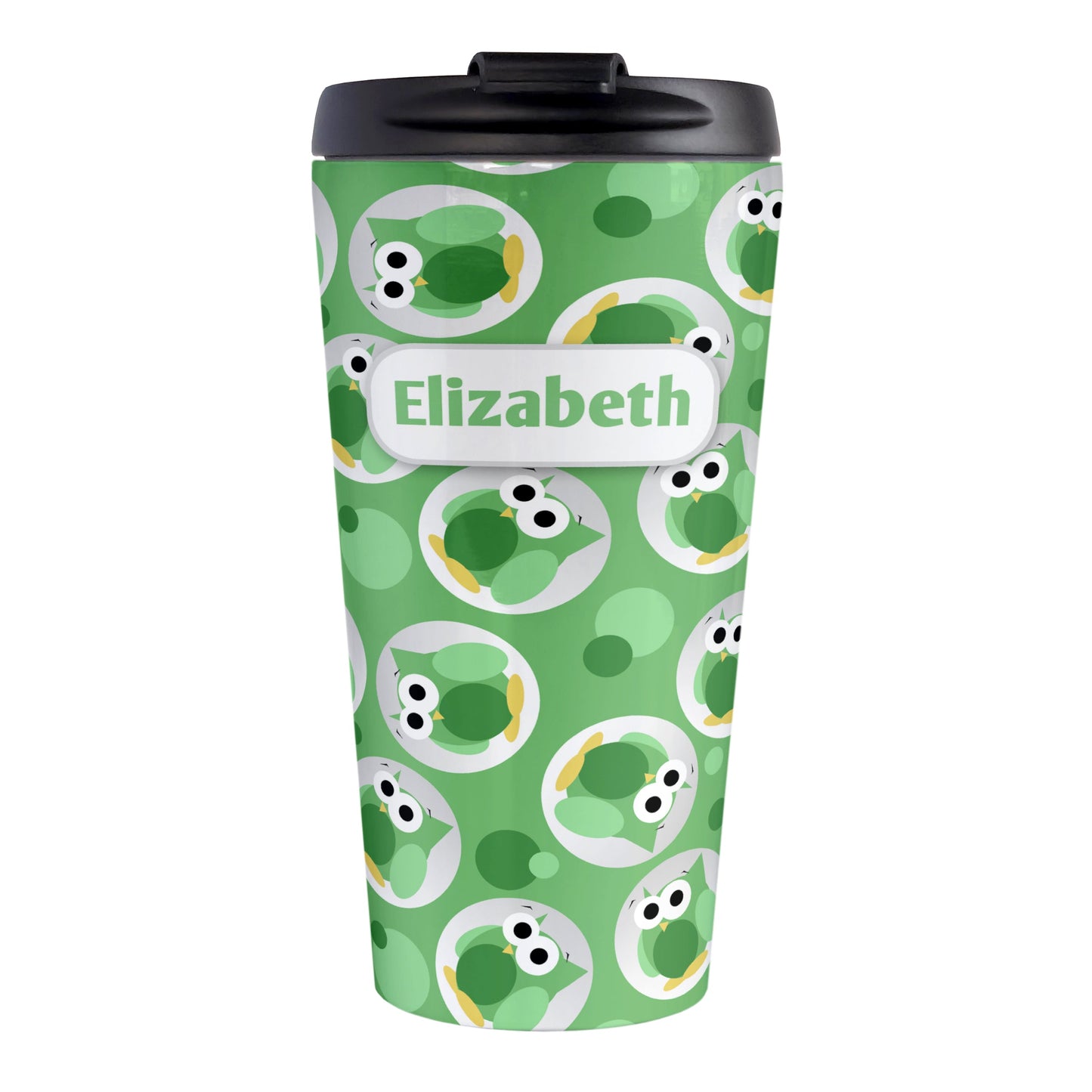 Personalized Funny Cute Green Owl Pattern Travel Mug (15oz, stainless steel insulated) at Amy's Coffee Mugs. A travel mug designed with a pattern of funny and cute green owls in a light gray circles scattered over a green background color that wraps around the travel mug. Your name is printed in green in a white rectangular frame design over owl pattern.