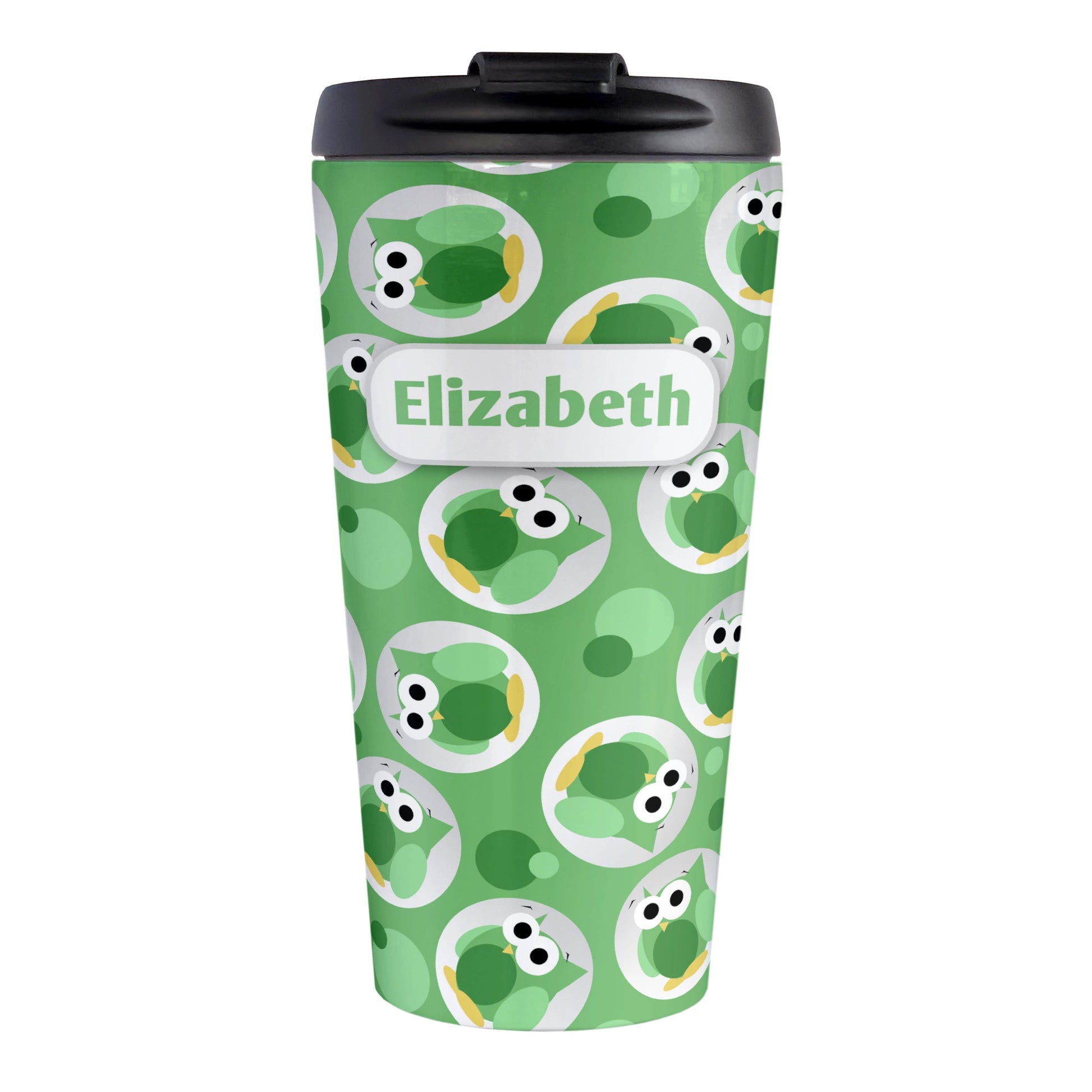 Personalized Funny Cute Green Owl Pattern Travel Mug (15oz, stainless steel insulated) at Amy's Coffee Mugs. A travel mug designed with a pattern of funny and cute green owls in a light gray circles scattered over a green background color that wraps around the travel mug. Your name is printed in green in a white rectangular frame design over owl pattern.