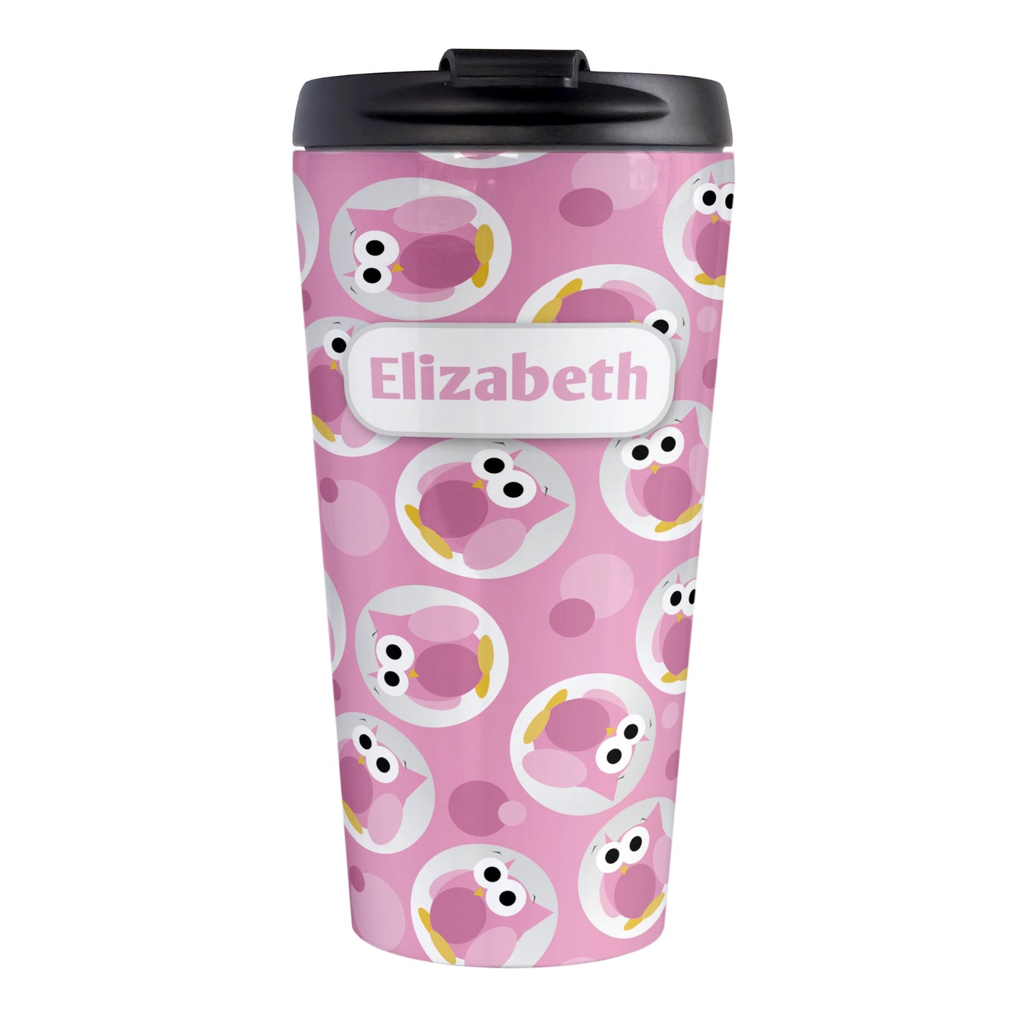 Personalized Funny Cute Pink Owl Pattern Travel Mug (15oz, stainless steel insulated) at Amy's Coffee Mugs. A travel mug designed with a pattern of funny and cute pink owls in a light gray circles scattered over a pink background color that wraps around the travel mug. Your name is printed in pink in a white rectangular frame design over owl pattern.